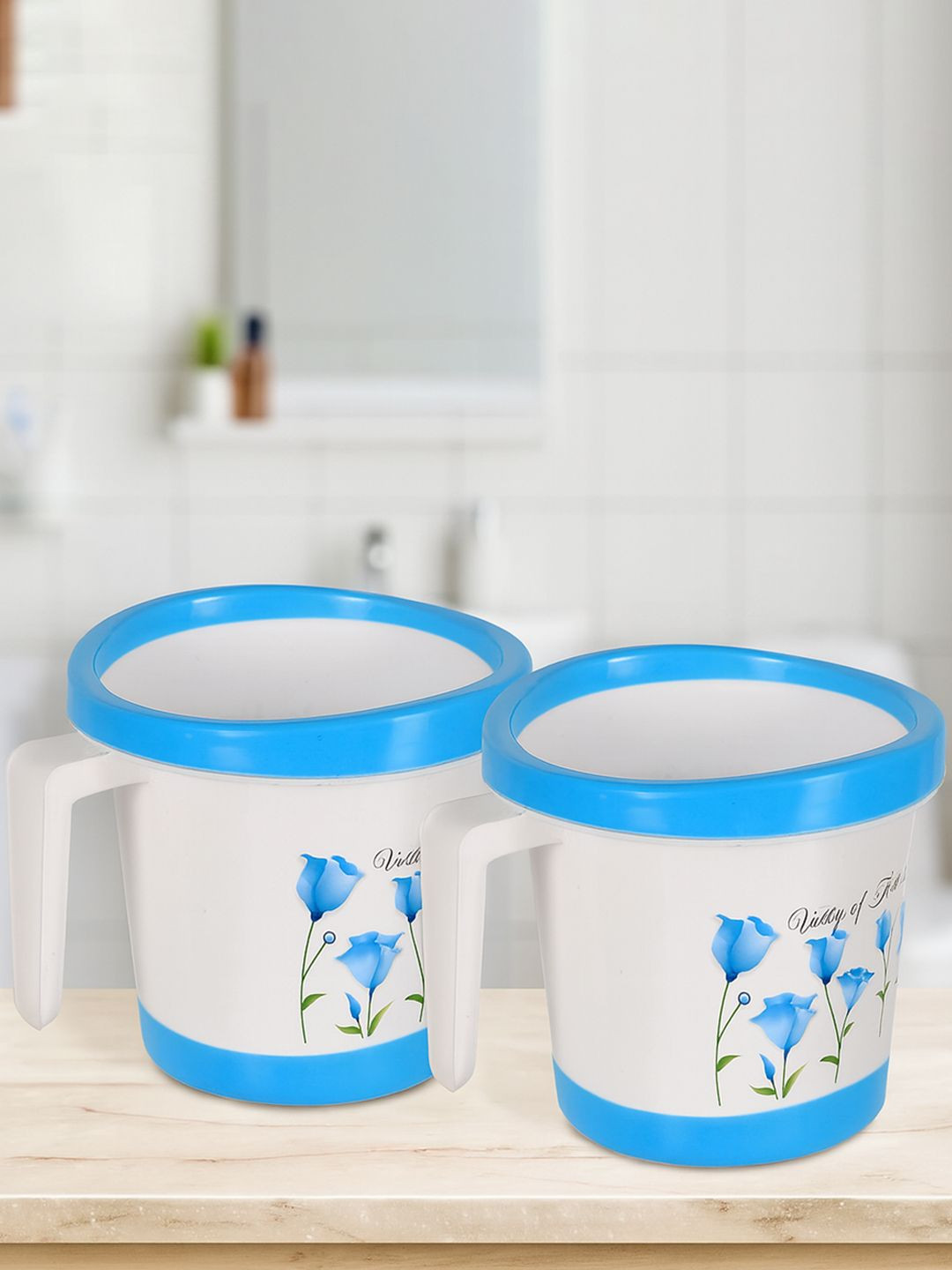 Kuber Industries White & Blue 2 Pieces Floral Bath Mug Accessories Set
