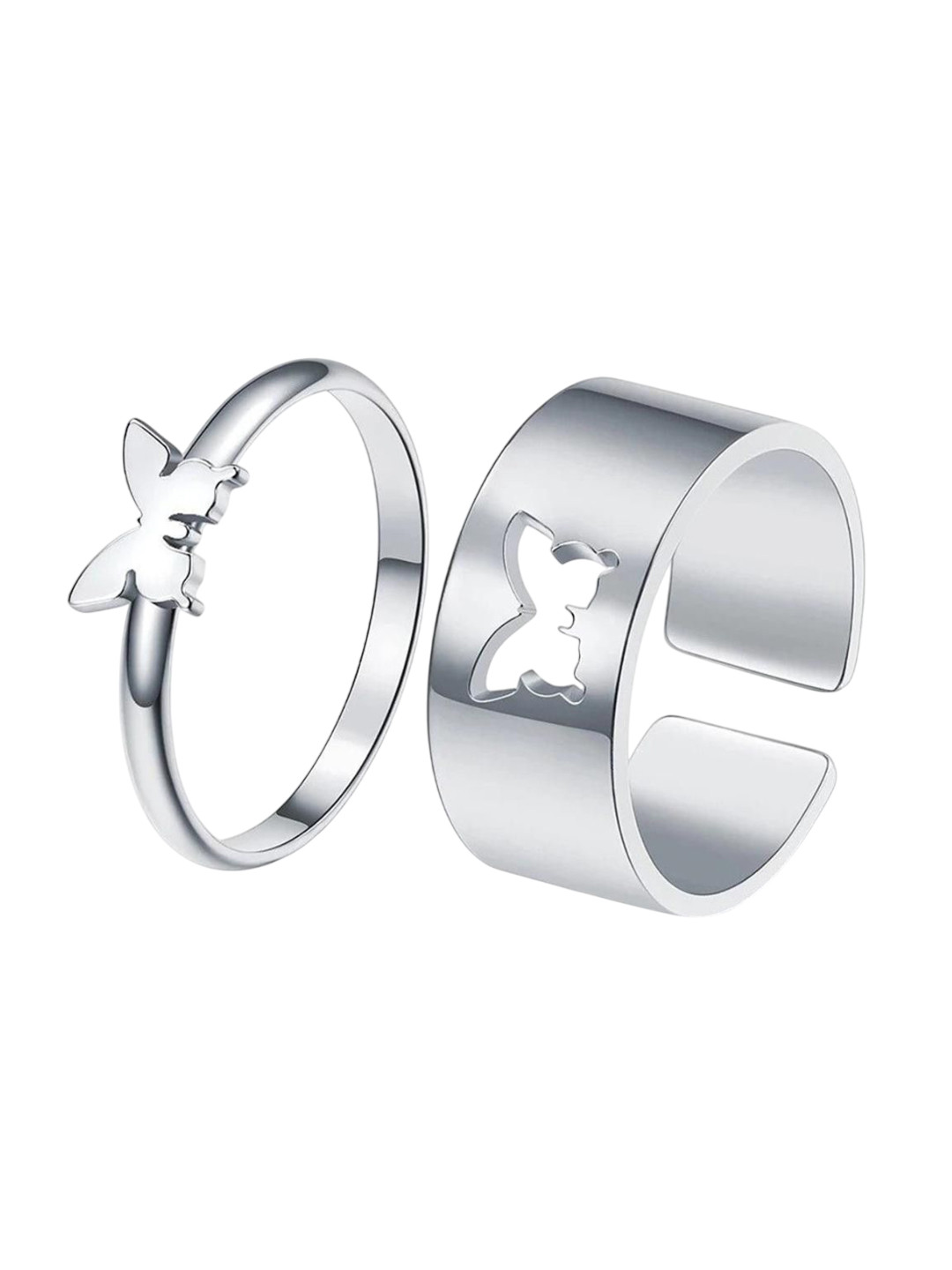 Teeragaj Unisex Set Of 2 Silver-Plated Textured Couple Finger Rings