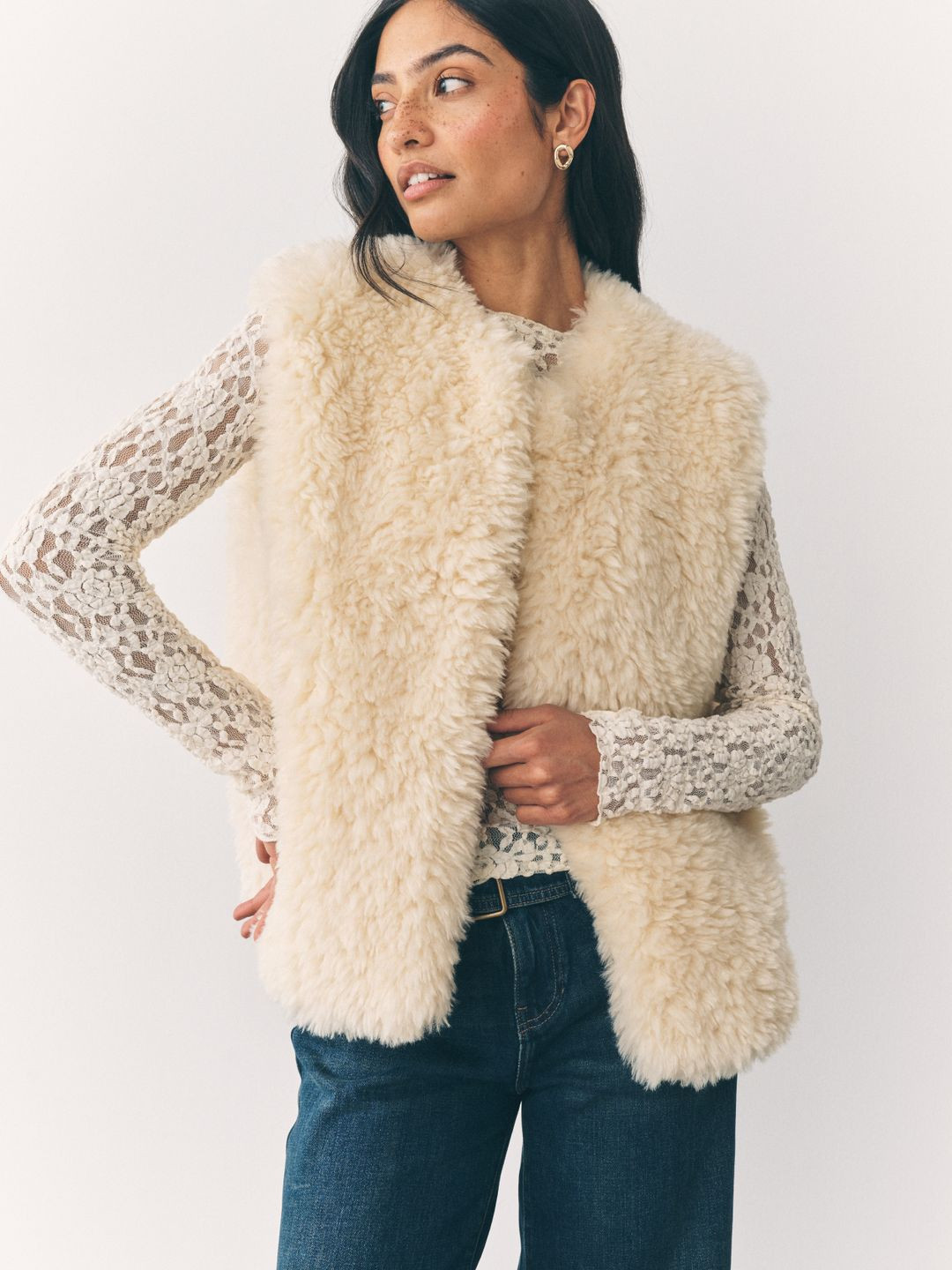 NEXT Faux Fur Trim Collarless Front-Open Gilet Jacket