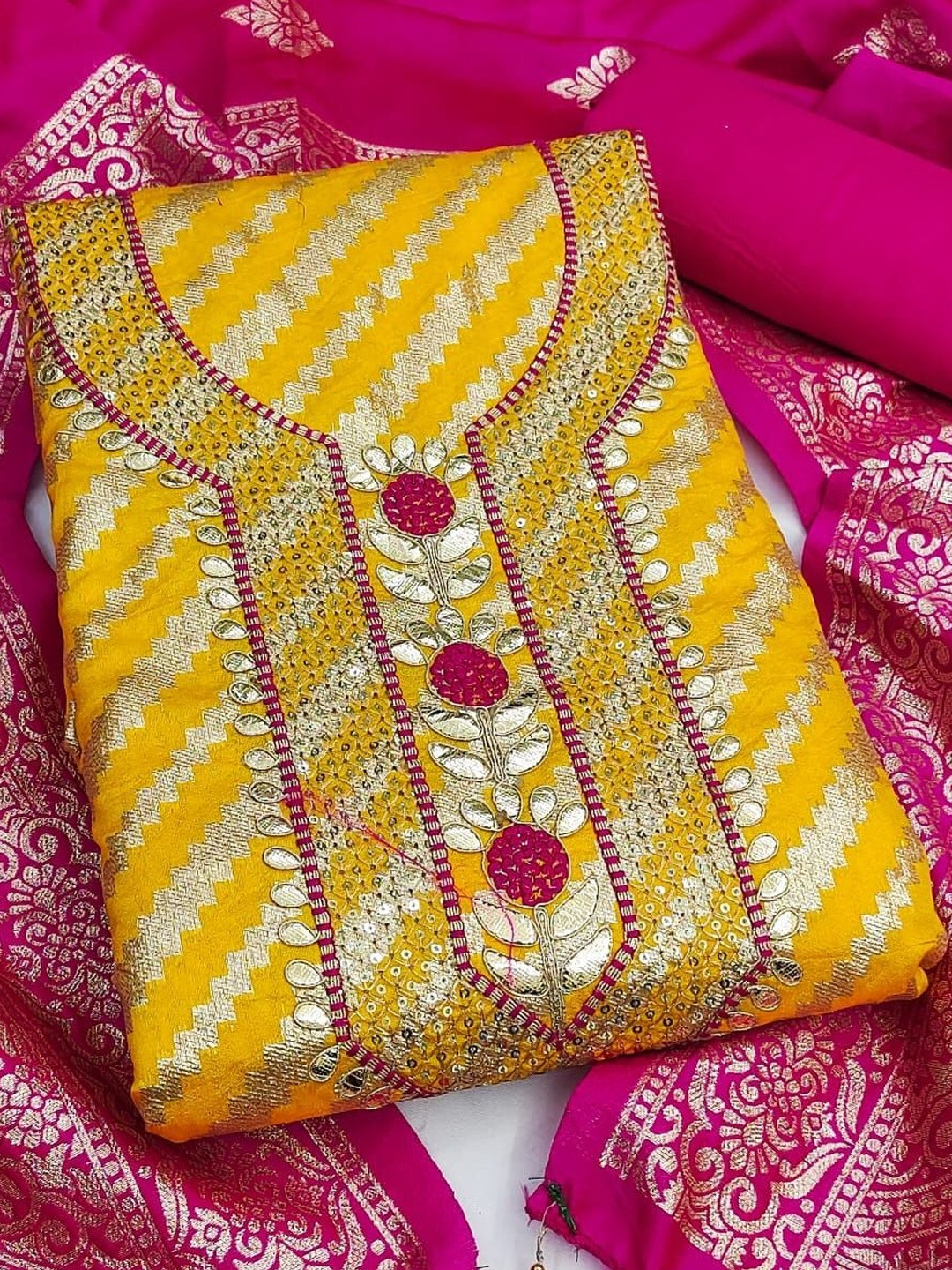 Yellow Banarasi Jacquard With Gota Patti Work Unstitched Dress Material