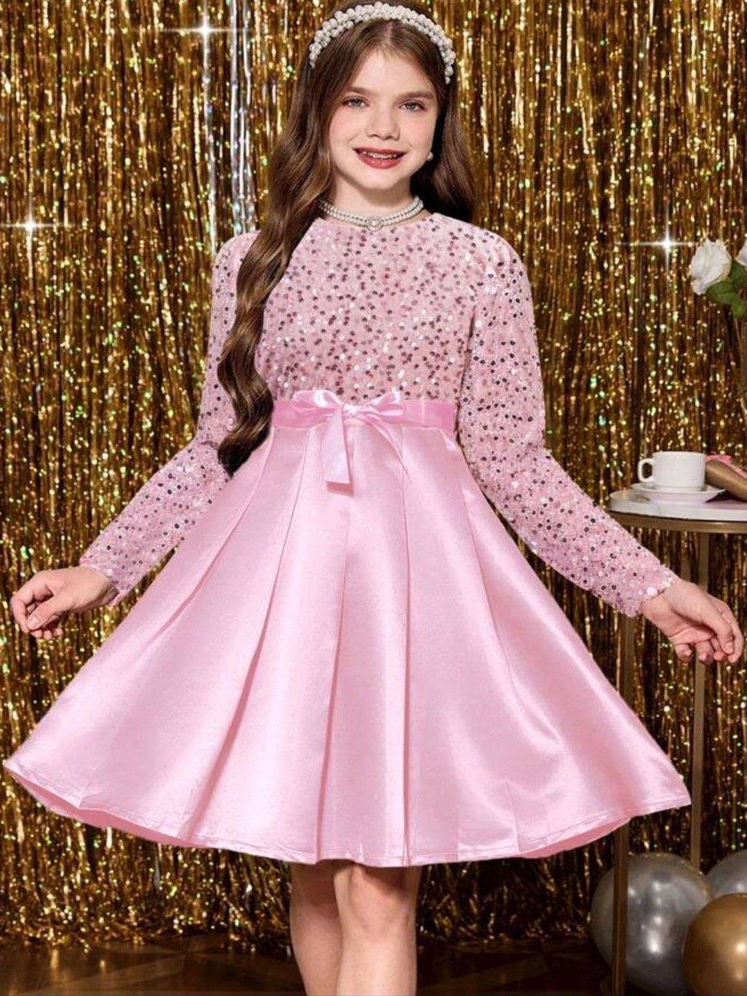 DP FABRICS Girls Sequined Fit & Flare Dress
