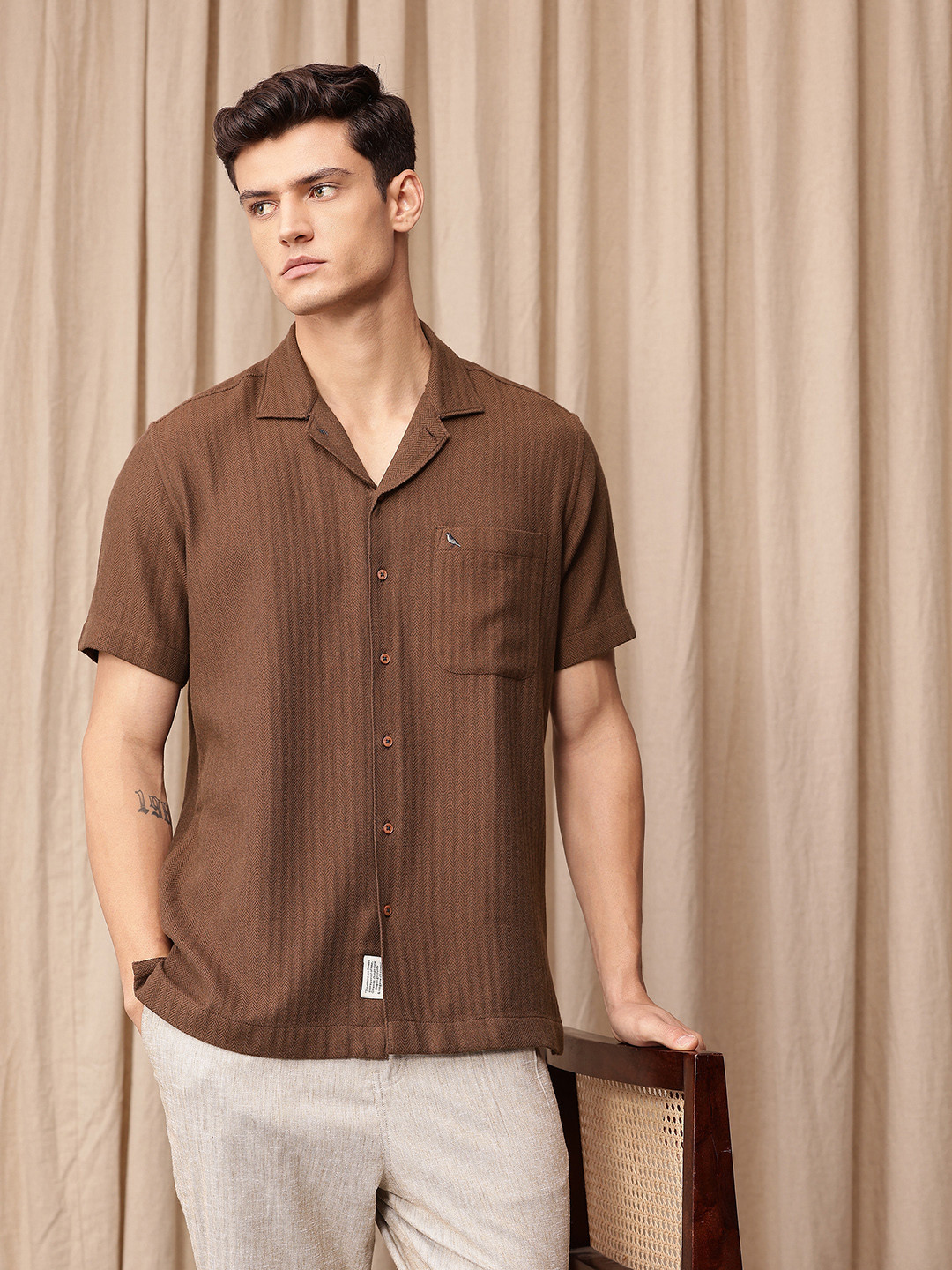 Mr Bowerbird Liberal Fit Chevron Self Design Pure Cotton Casual Shirt