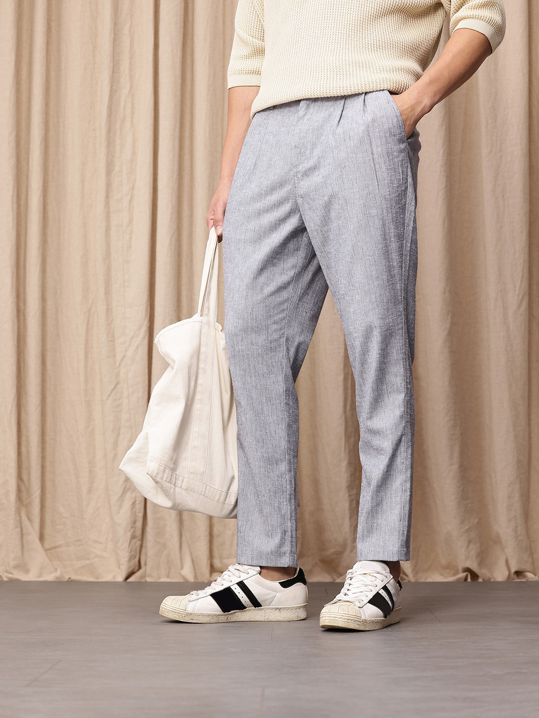 Mr Bowerbird Men Liberal Fit Striped Pleated Chinos Trousers