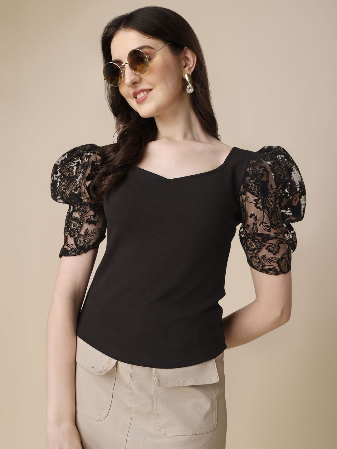 Honky Tonky Sweetheart Neck Puff Sleeve Embroidered Detail Top