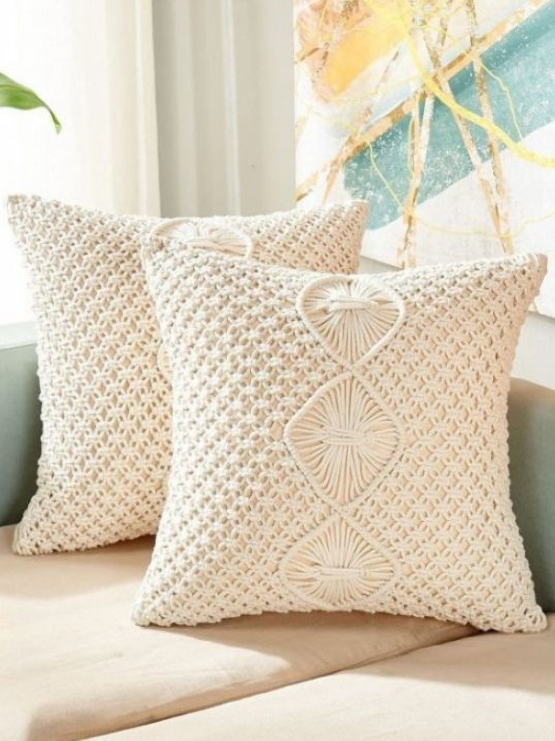 The Gharnish Cream-Coloured & White 2 Pieces Ethnic Motifs Square Cotton Cushion Covers