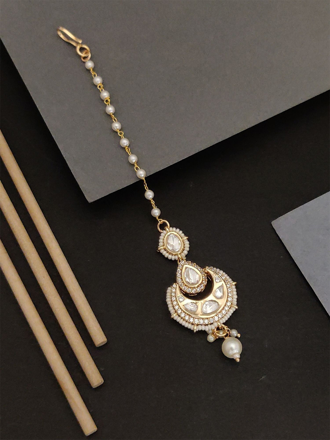 ABDESIGNS Gold-Plated Kundan Studded & Pearls Beaded Half Moon Maang Tikka