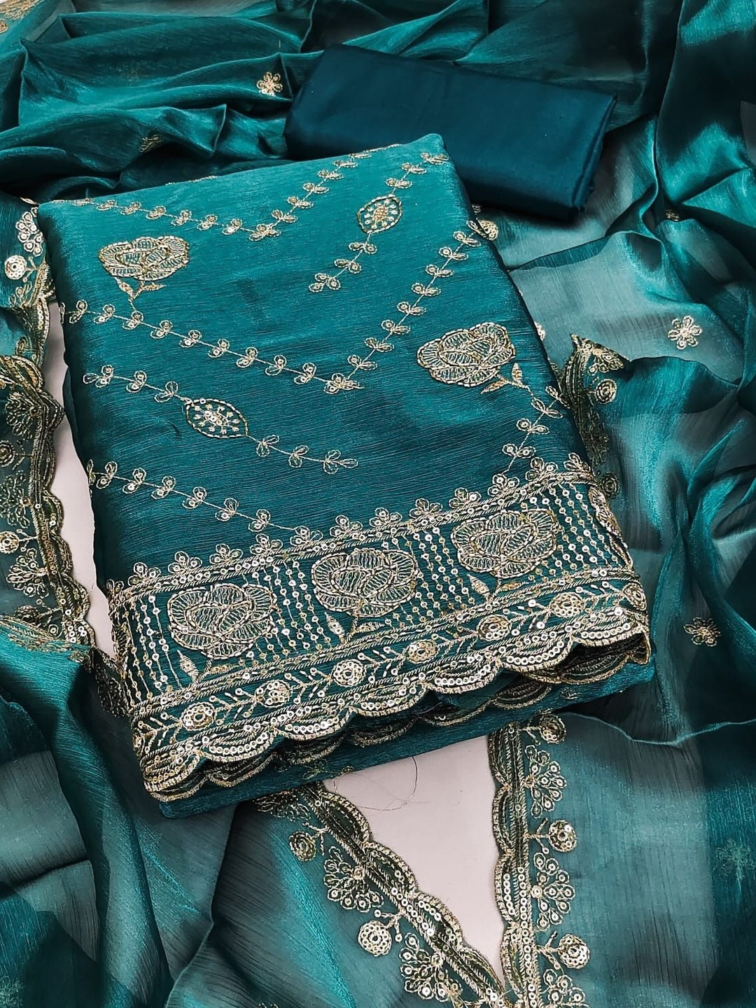 Blue Barbari Silk Embroidery Work Unstitched Dress Material