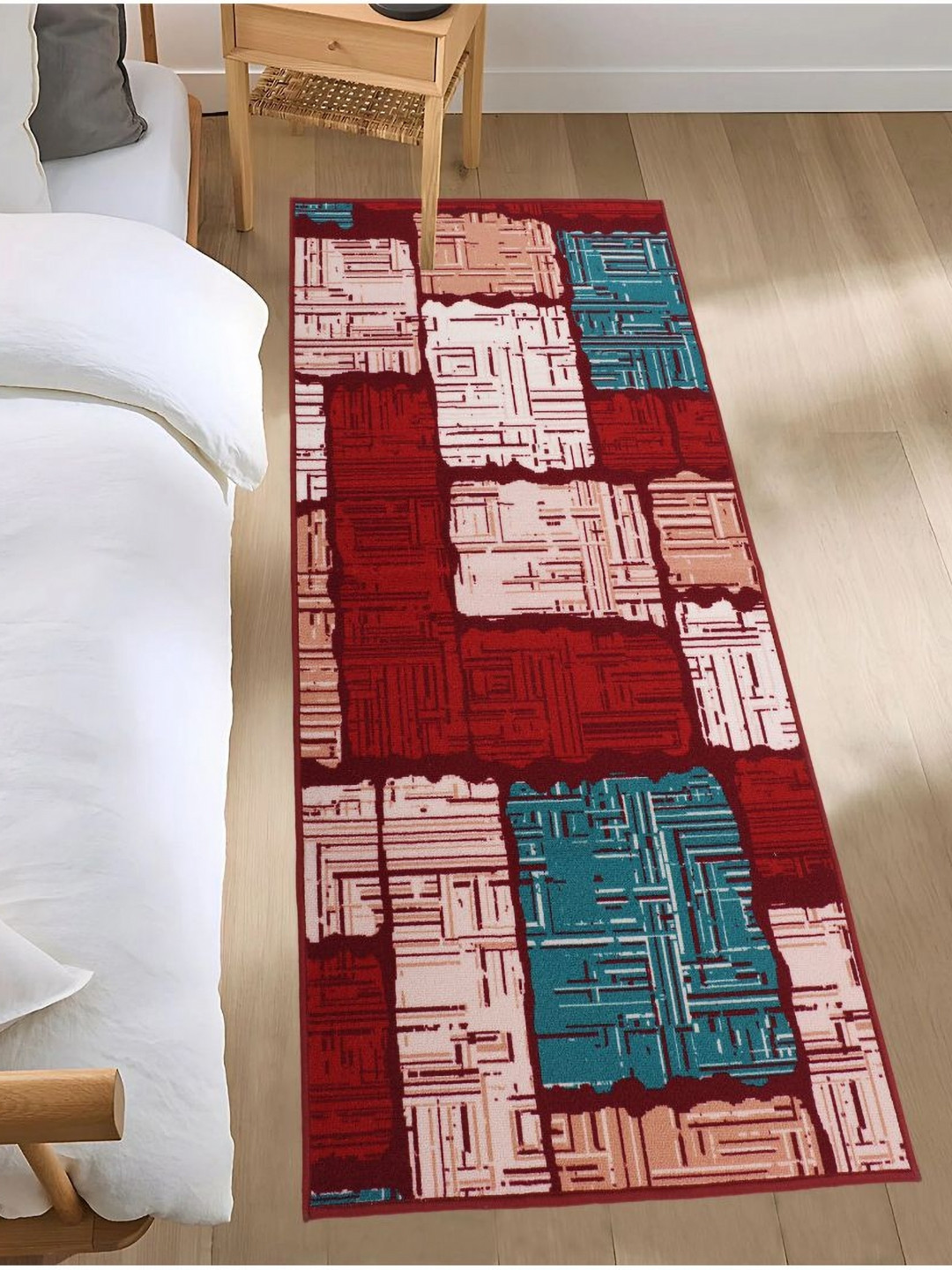 MODEFE Rust-Brown & Blue Geometric Printed Anti-Skid Loop Pile Floor Runner