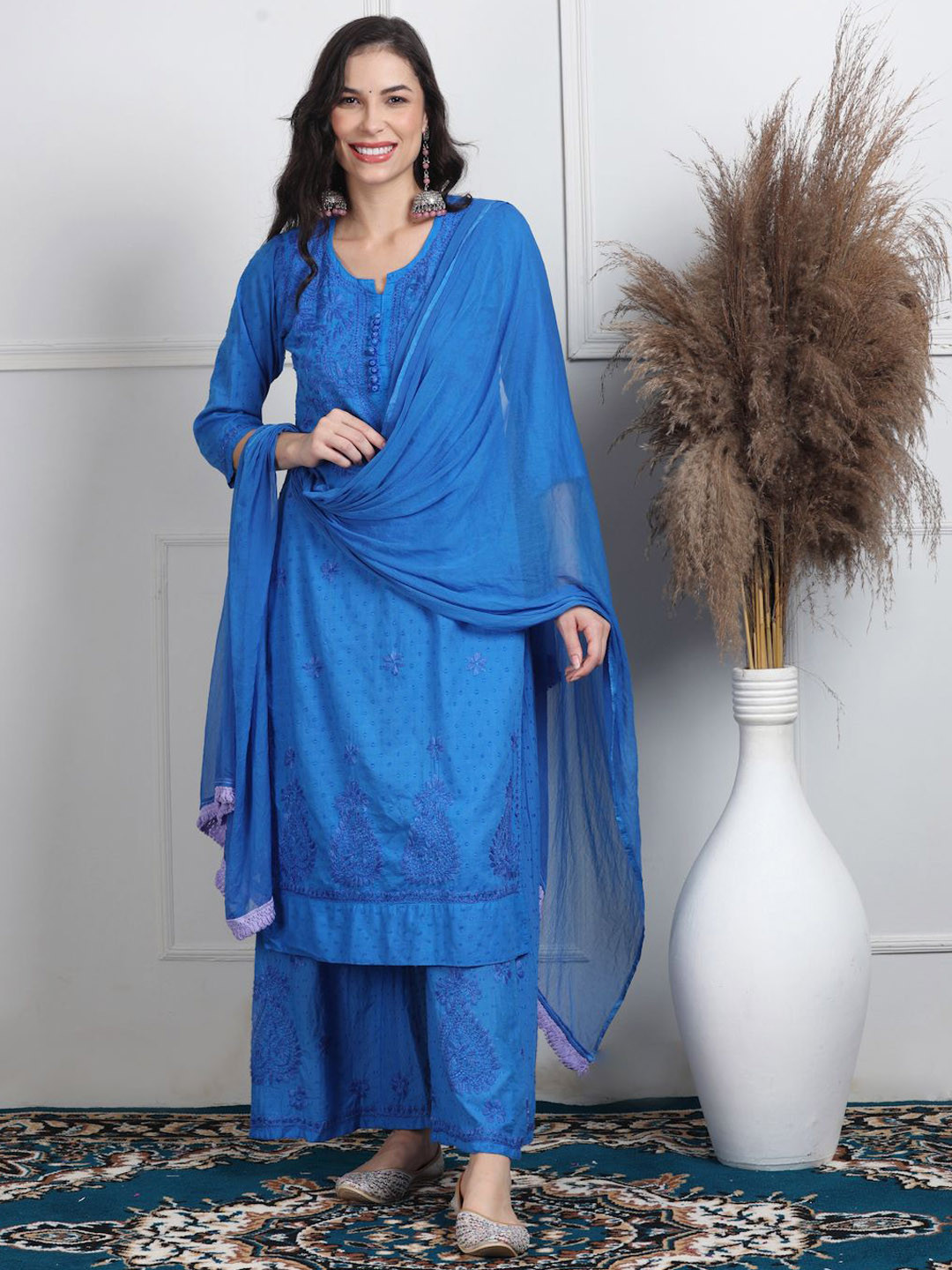 KHAKA Embroidered Chikankari Pure Cotton Straight Kurta With Palazzos & Dupatta