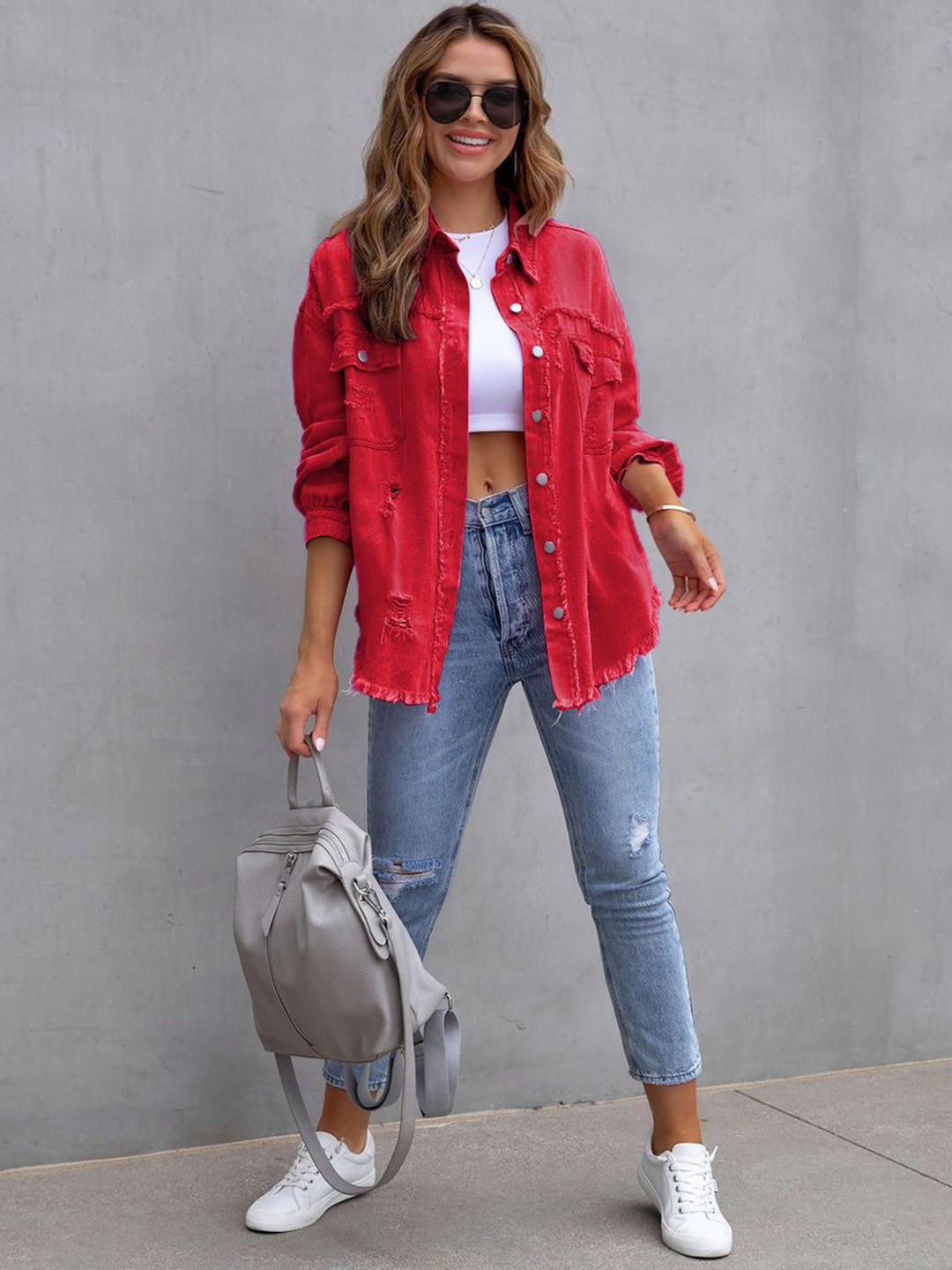 StyleCast Women Washed Frayed & Distressed Denim Jacket