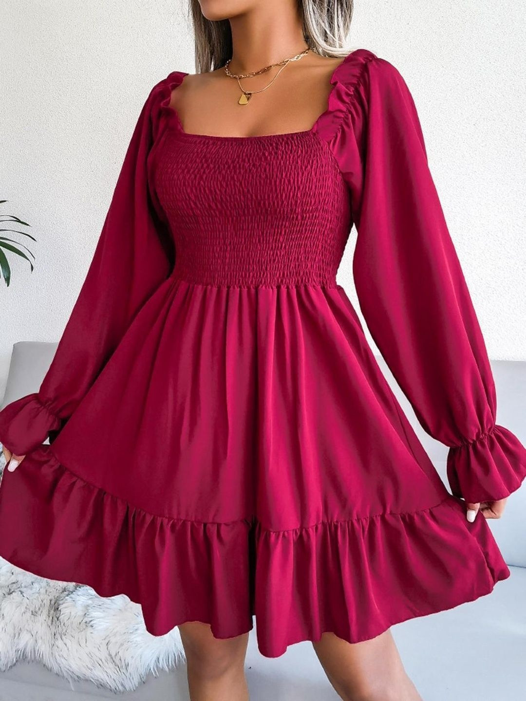 i9solution Women Puff Sleeves Smocked Crepe Fit & Flare Dress