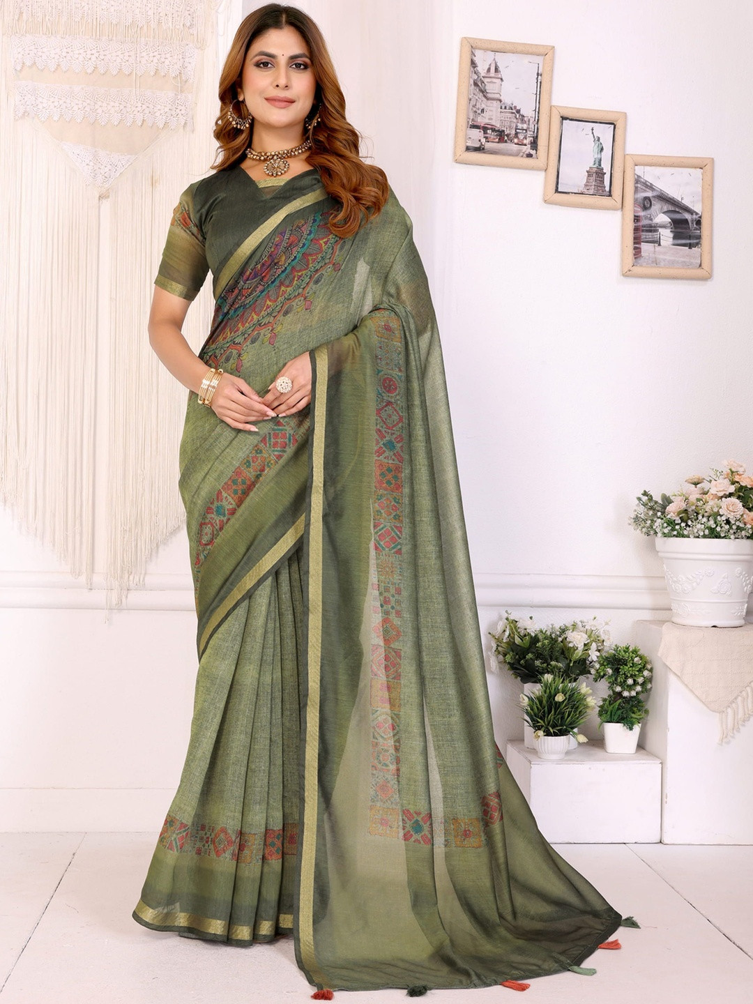 V3 FASHION STUDIO Geometric Printed Zari Work Chanderi Saree With Blouse