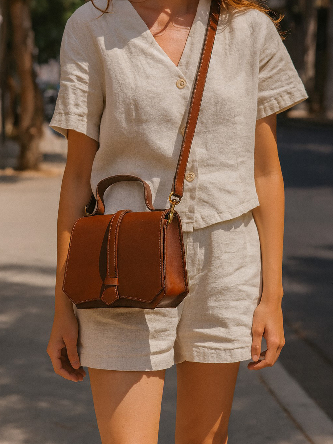 Celtic Brown Leather Bucket Sling Bag Minimalist Design with Dual Handles