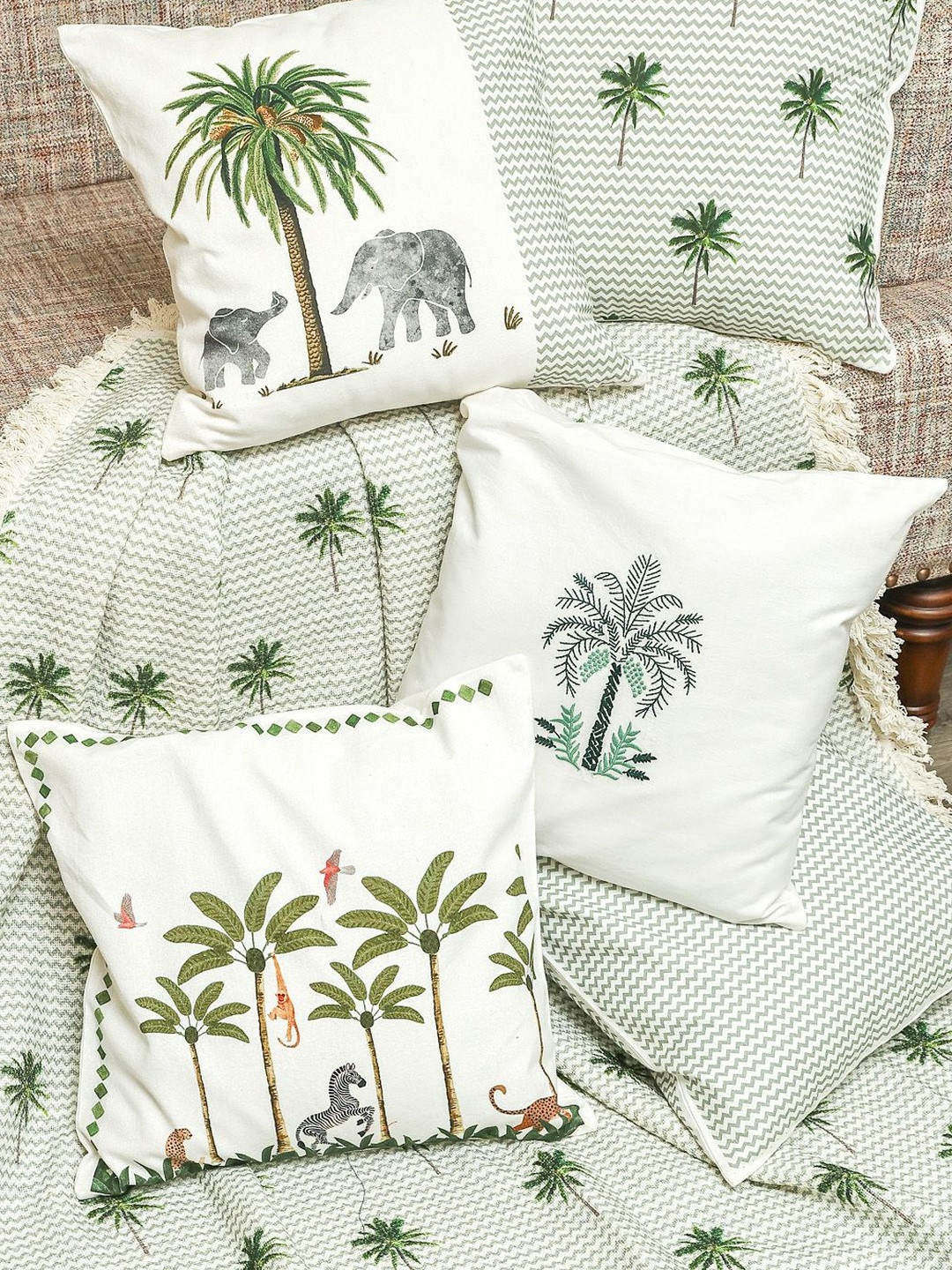 Crown of Poppies Green Set of 6 Tree & Elephant Printed Cotton Cushion Covers & Throw Set