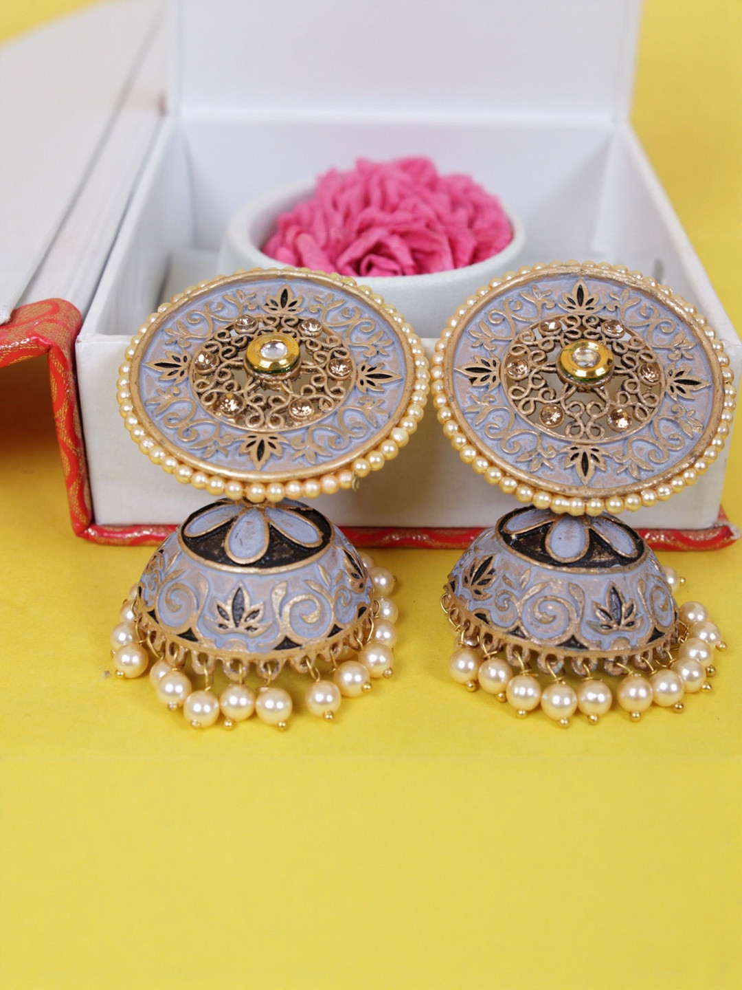 Grey Meenakari Jhumka Earrings
