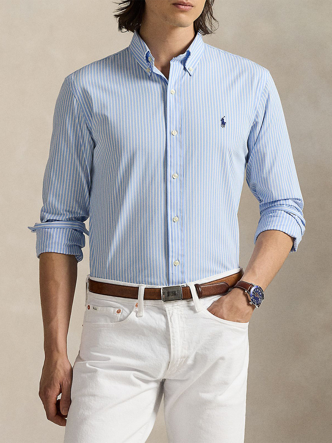 Polo Ralph Lauren Striped Cotton Custom Fit Spread-Collar Stretch Poplin Shirt
