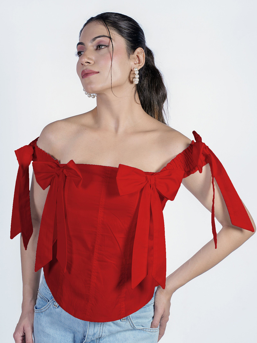 BELLO DONA CLOTHING Off-Shoulder Cotton Bardot Top Bow Detailed