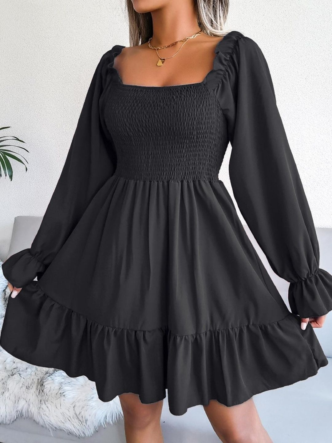 i9solution Puff Sleeve Smocked Fit & Flare Dress