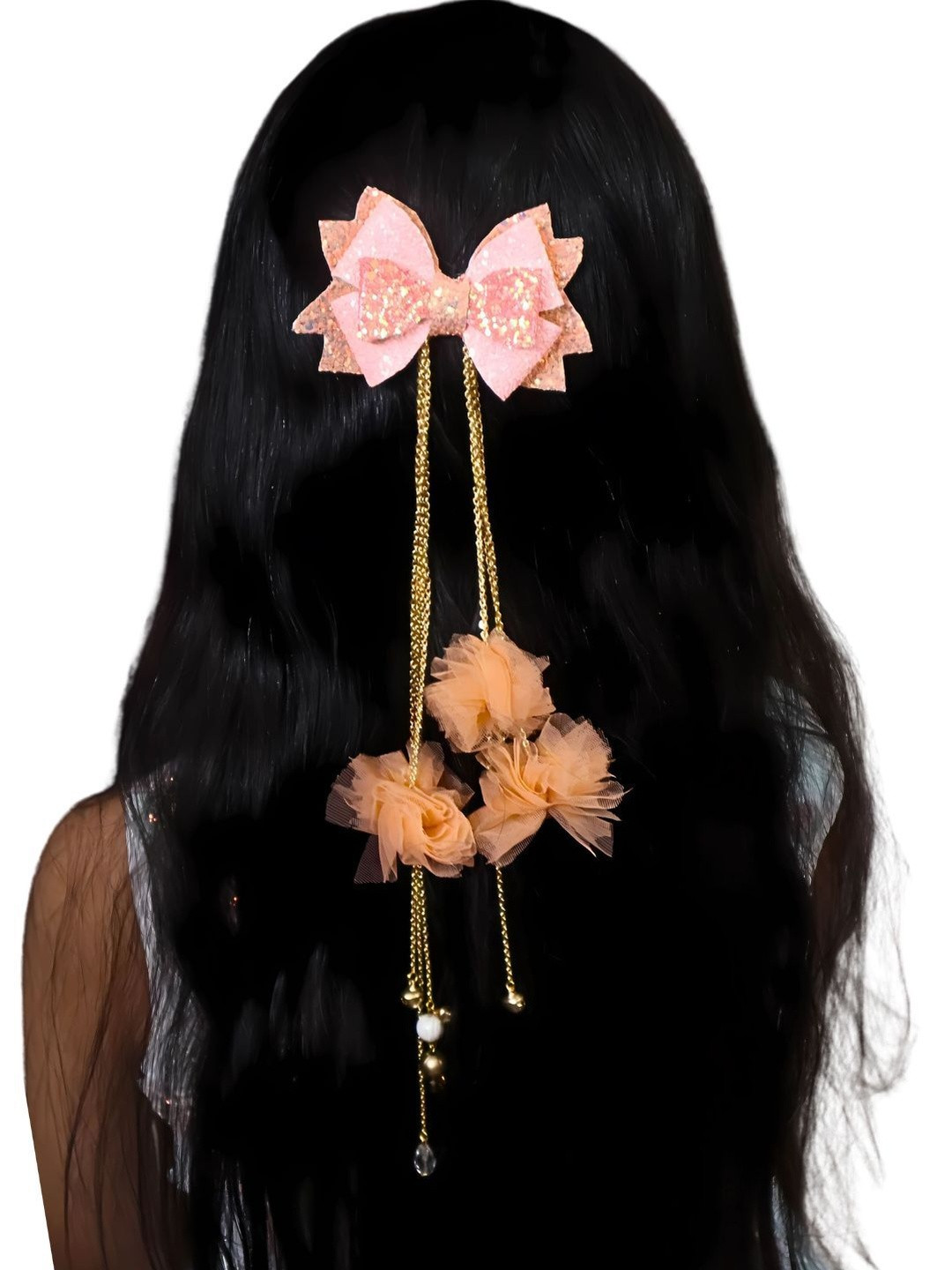 Kamule Girls Peach Embellished Flare Net Pom-Pom Tassels Alligator Hair Clip