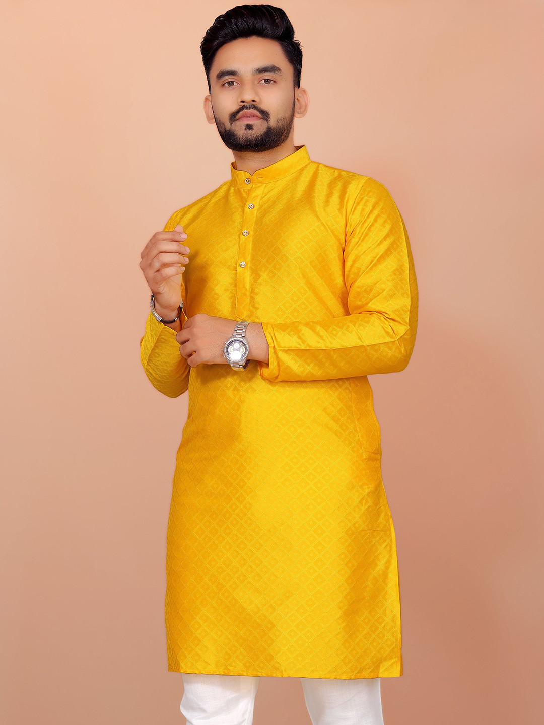 ADITYA TRADE LINK Men Geometric Woven Design Band Collar Straight Kurta