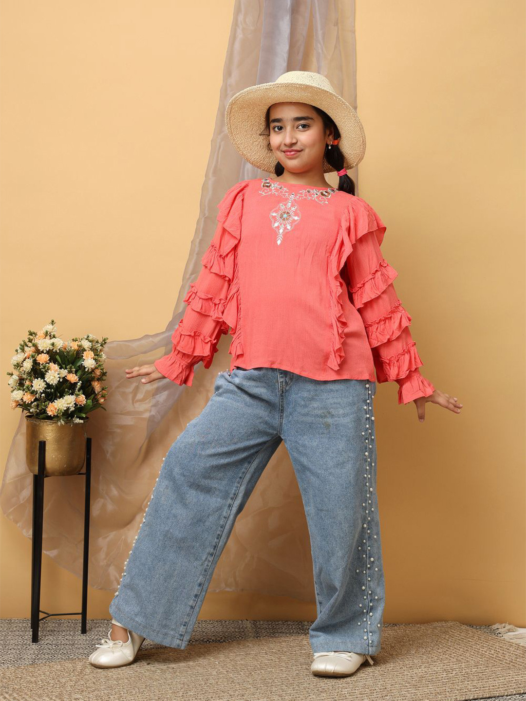 Miss & Chief Girls Floral Embroidered Ruffle Sleeve Top