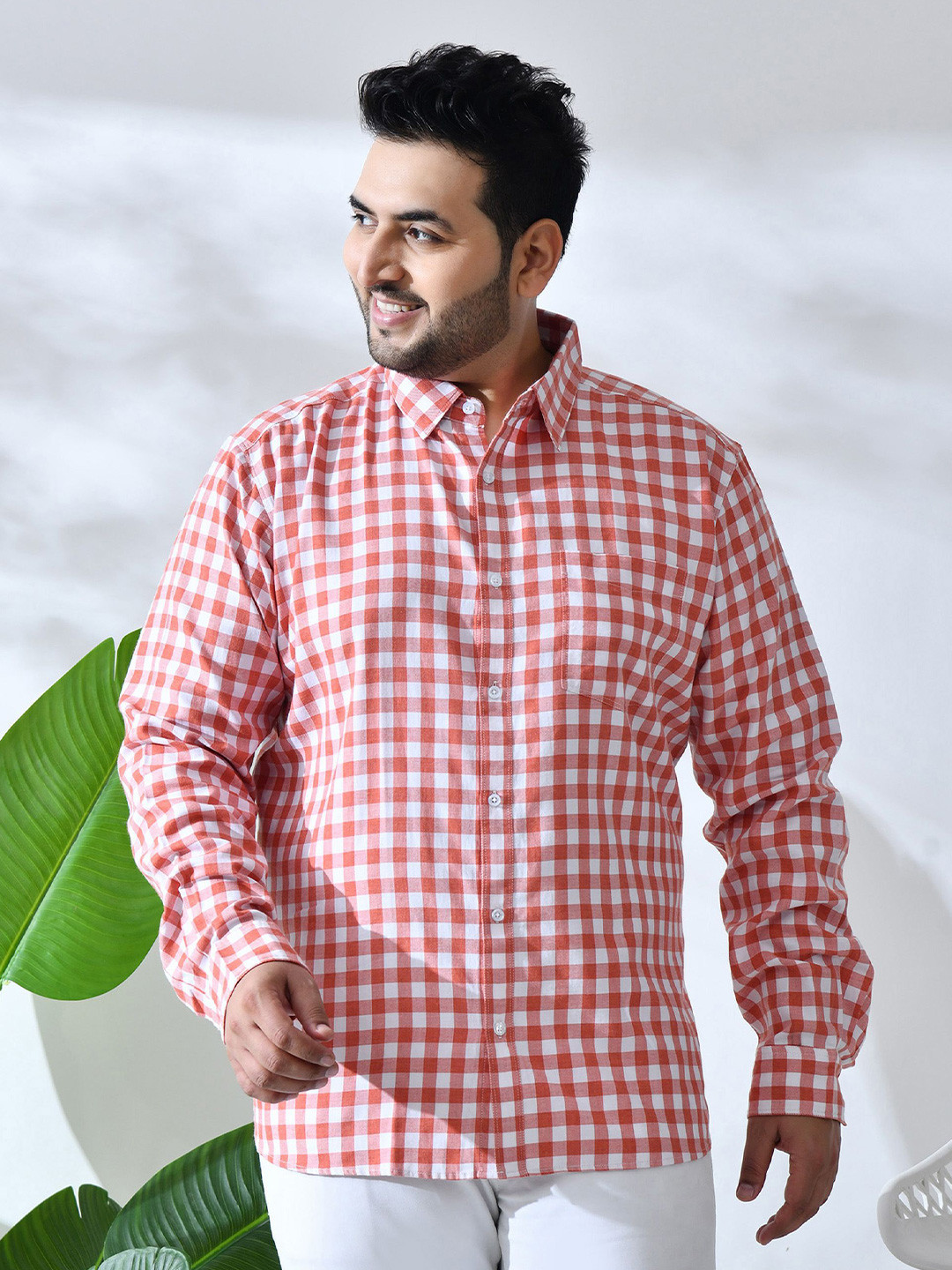 NEON CHILLIE Men Plus Size Gingham Checked Spread Collar Linen Casual Shirt
