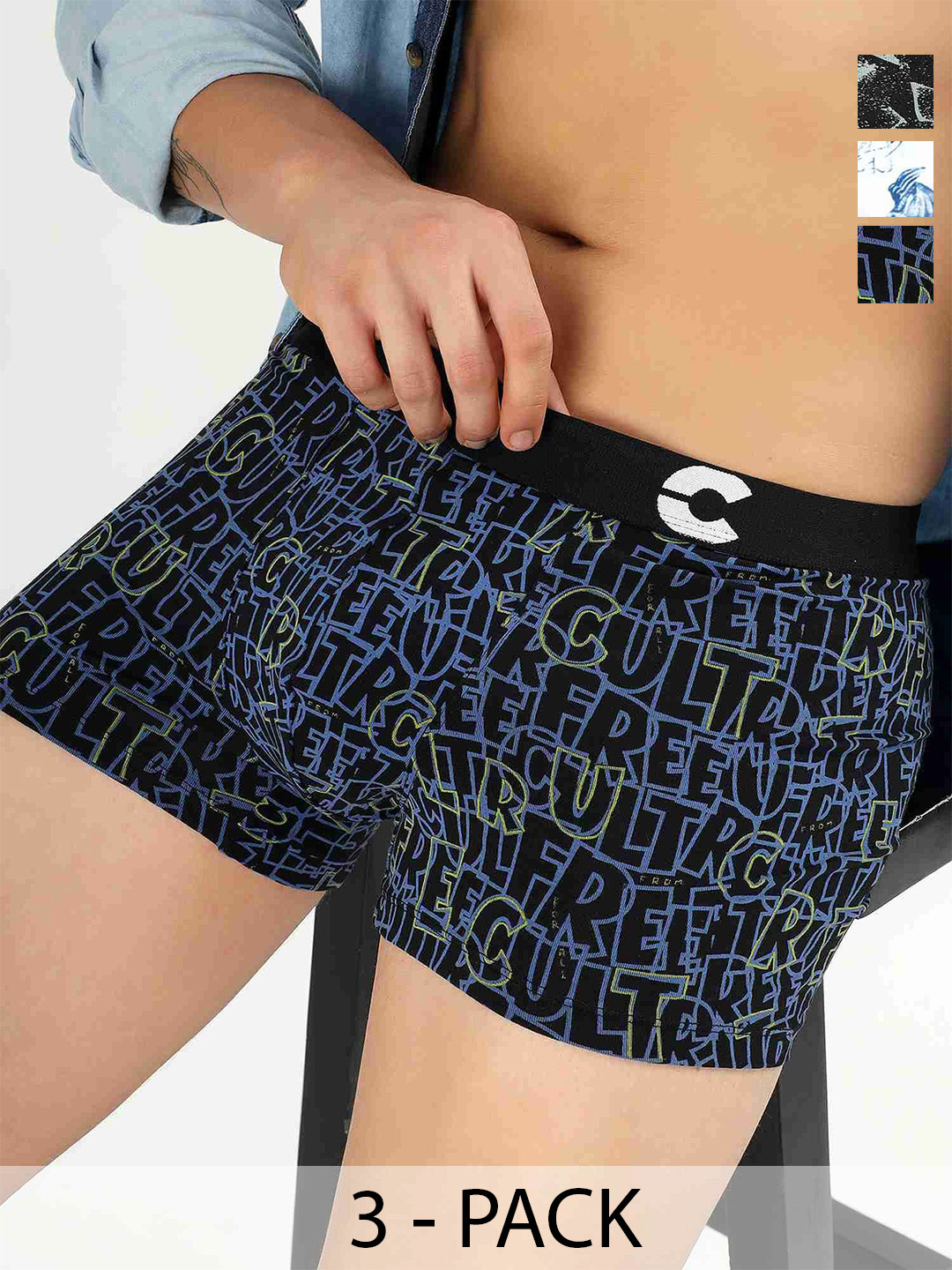 FREECULTR Pack Of 3 Printed Anti Bacterial Long Trunks FC-CTN-PT-T-LG-NLBLK-FCBLK-JFWHT-03