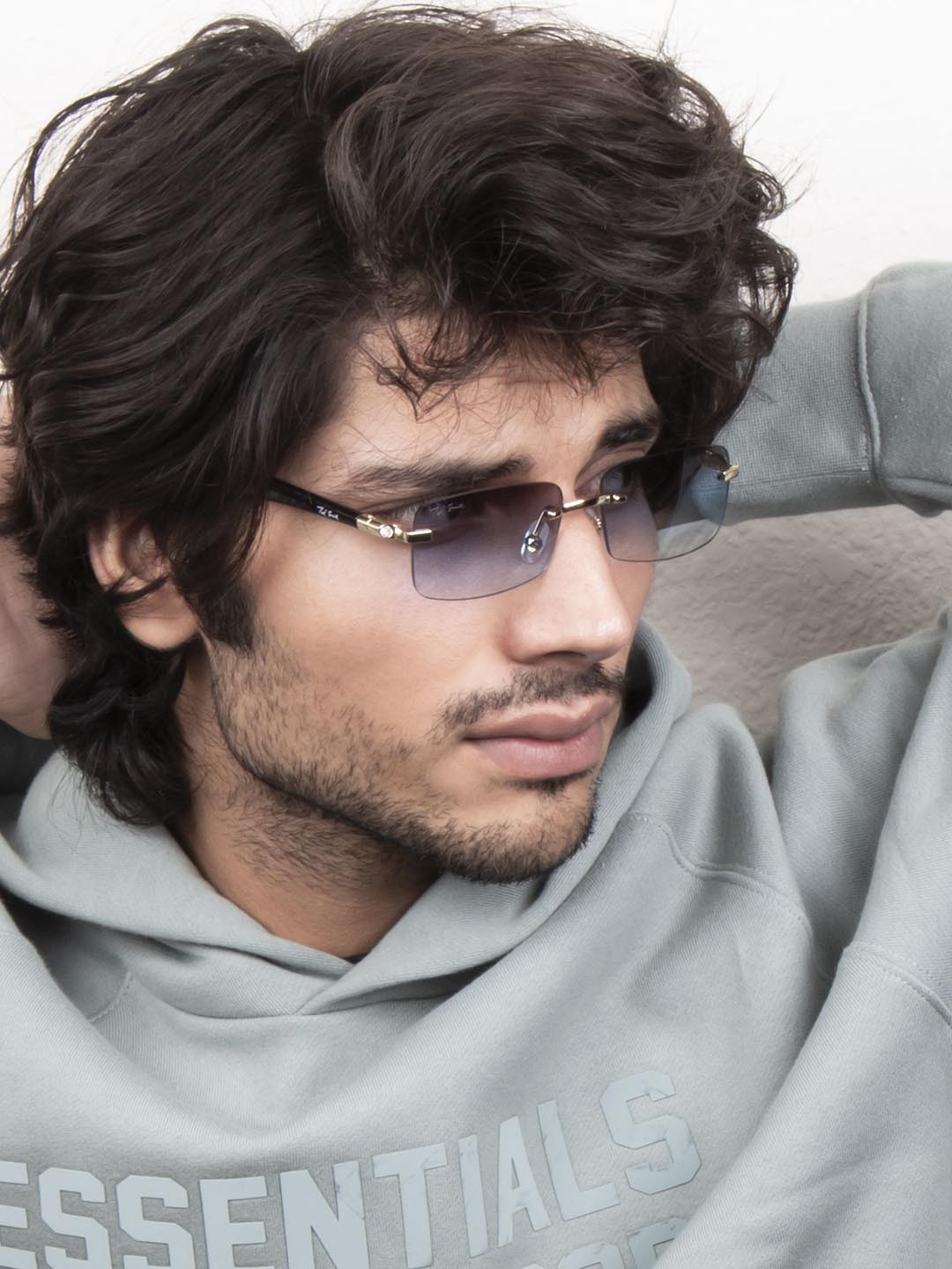 Ted Smith Unisex Gold-Blue Rimless Rectangle Sunglasses With UV Protected Lens