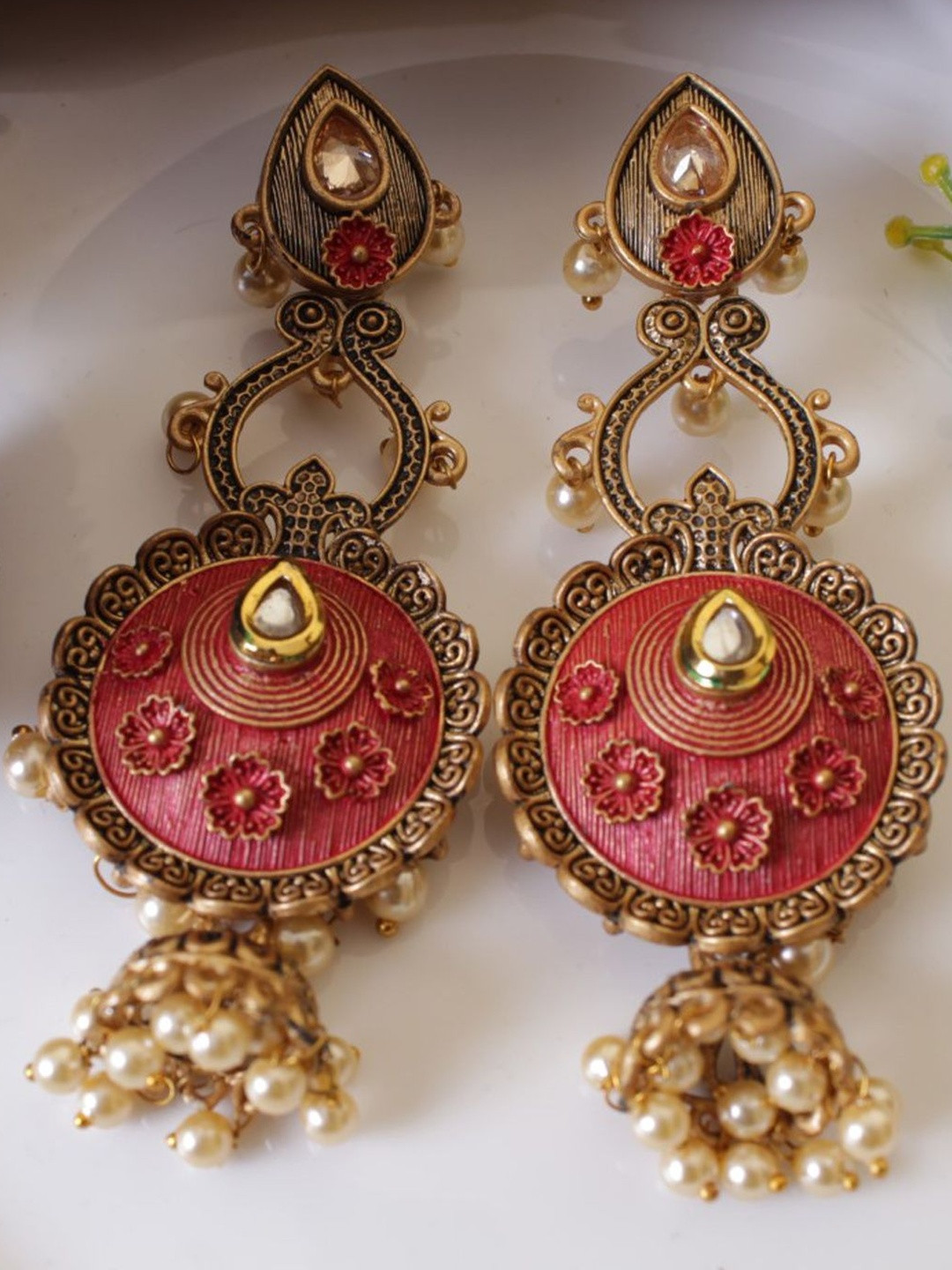 Meenakari Long Jhumka Earrings Pink Floral Design, Polki Stones Pearl Bead