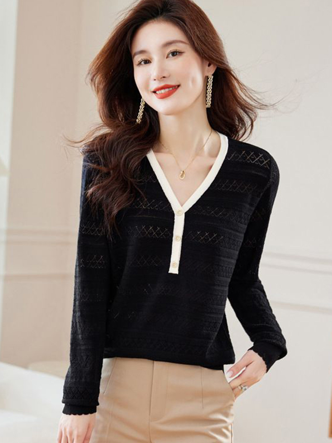 StyleCast Women V-Neck Long Sleeve Knit Top With Eyelet Details
