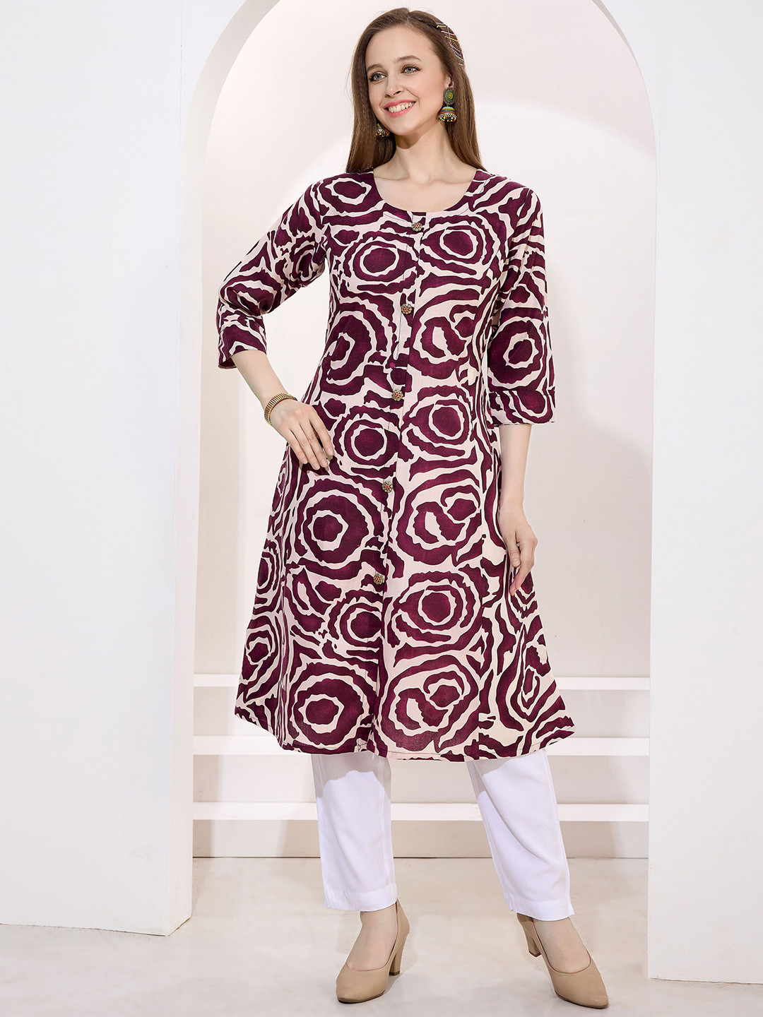 keshubaba Women Maroon Linen Cotton Princess Cut Kurta