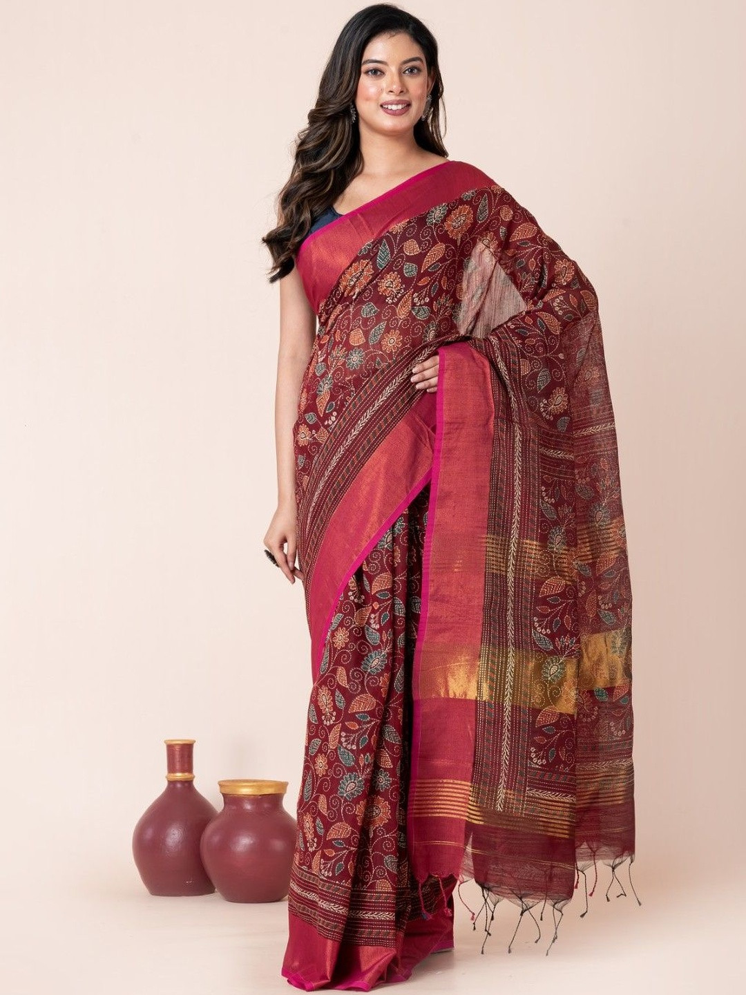 Durga Handloom Floral Kantha Print Saree
