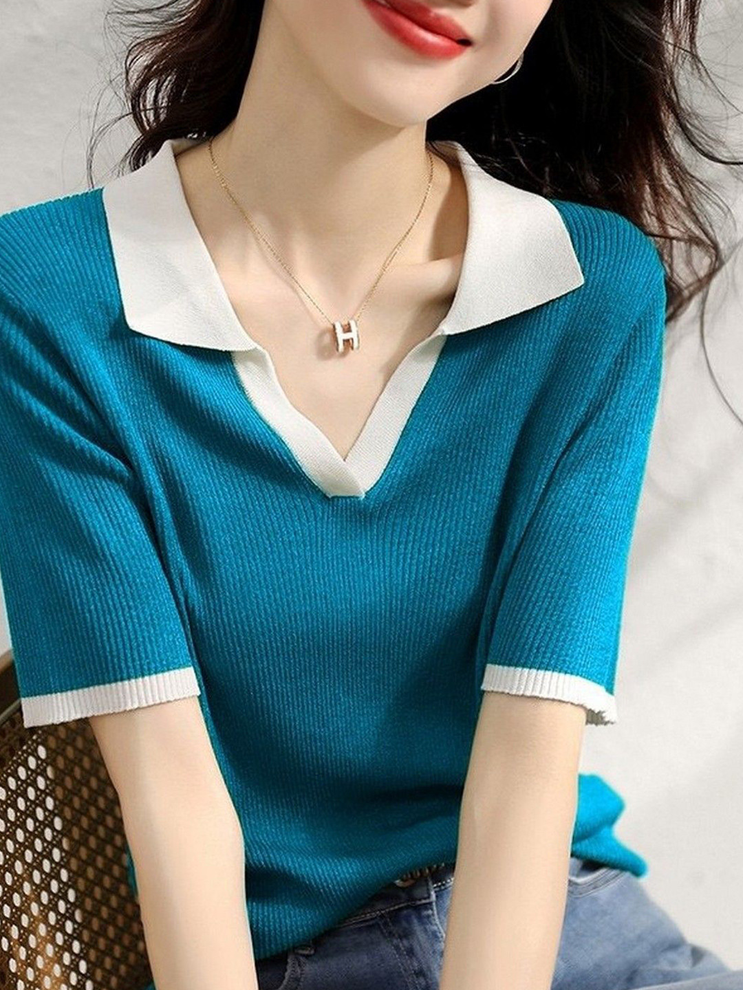 StyleCast Teal Ribbed Top with White Collar and Trim