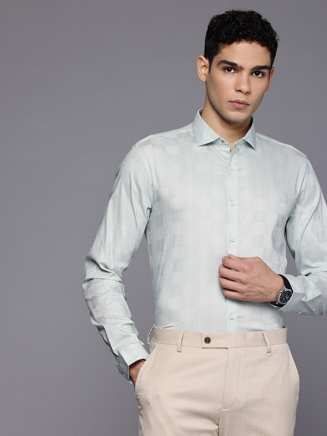 Louis Philippe Ath.Work Super Slim Fit Grid Tattersall Checked Textured Semiformal Shirt