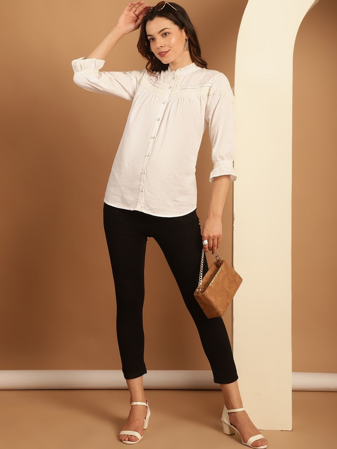 DressBerry Mandarin Collar Puff Sleeve Cotton Shirt Style Top