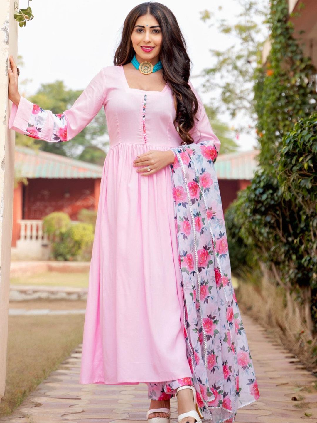 Thread & Button Women Plus Size Floral Printed Pleated A-Line Kurta with Trouser & Dupatta