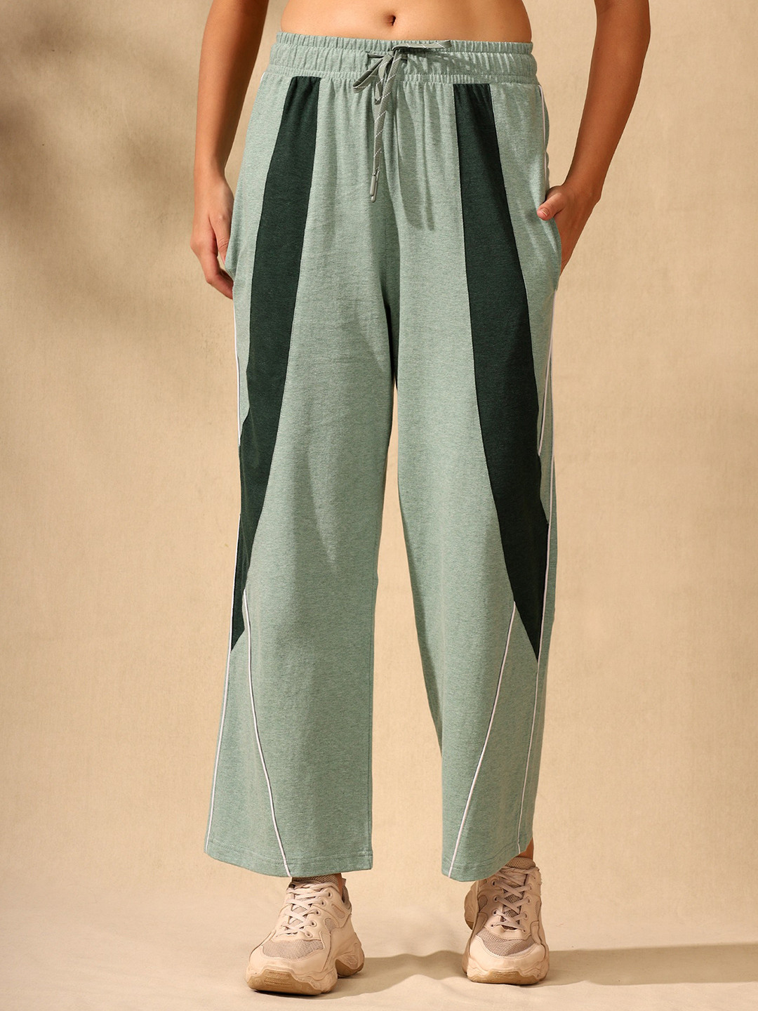 AKTIO Women Colorblock Detailed Wide Leg Cotton Track Pants