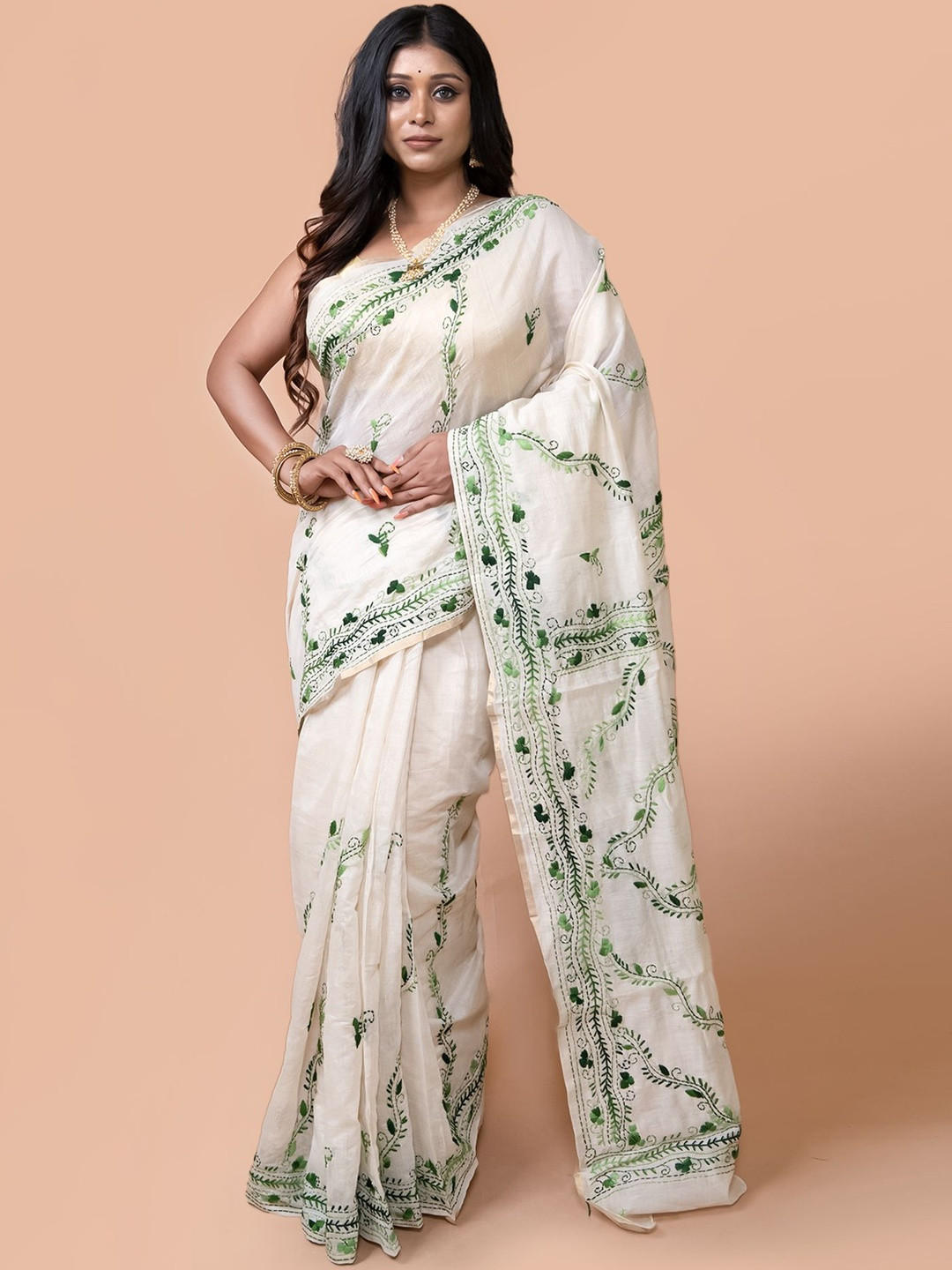 HOUSE OF ARLI Chanderi silk hand woven embroidered kantha stitch saree