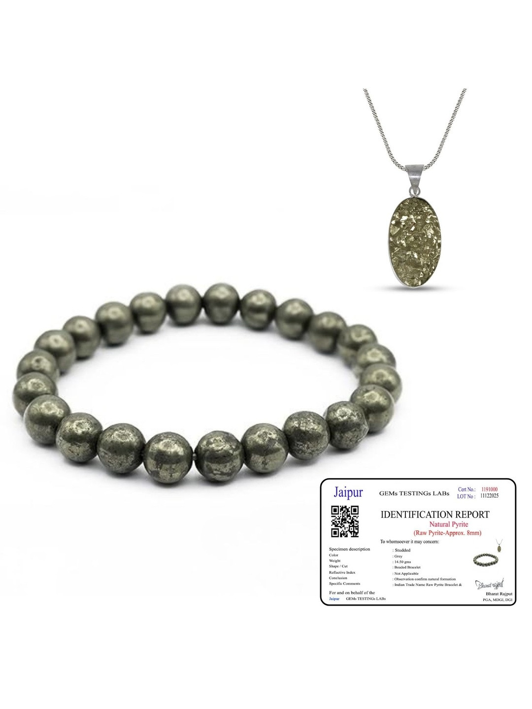 SENROAR Unisex Pack Of 2 Grey & Green Agate & Raw Pyrite Stone Plastic Bracelet & Pendant