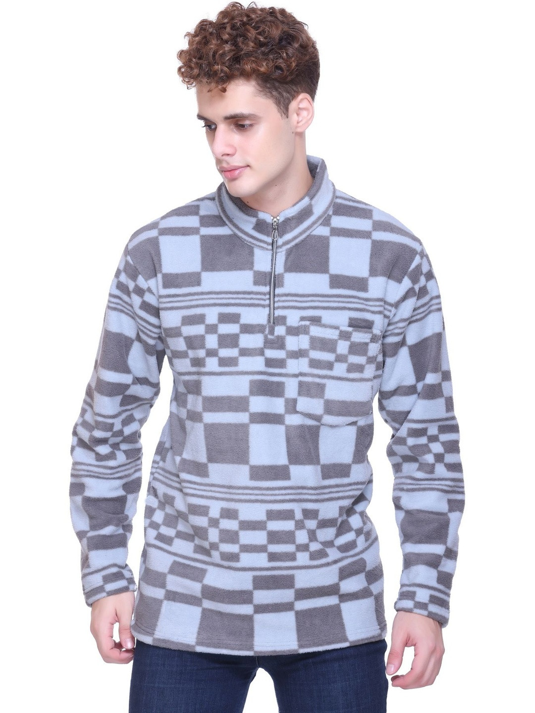 FIRST SLEEP Men Checked High Neck Half Zipper Sweatshirt