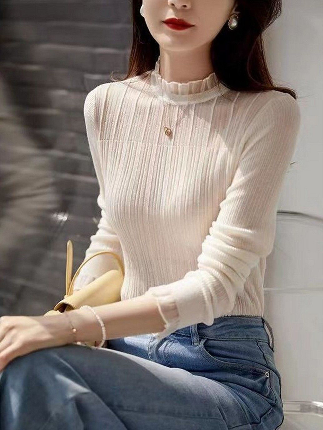 StyleCast White Ribbed High Neck Long Sleeve Top