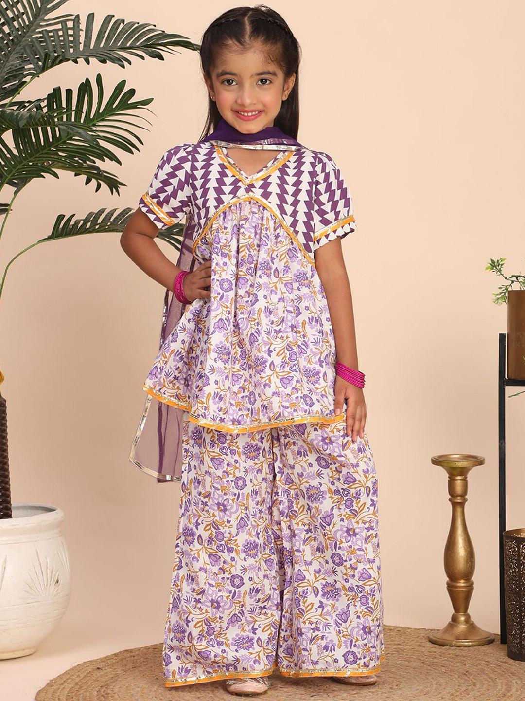 Cutiekins Girls Floral Printed V-Neck Gotta Patti Kurta With Palazzos & Dupatta