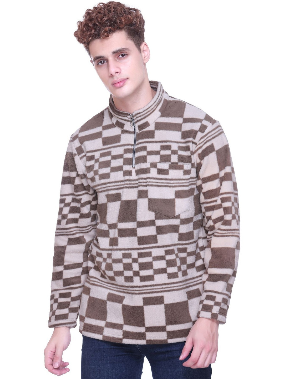 FIRST SLEEP Men Checked High Neck Half Zipper Sweatshirt