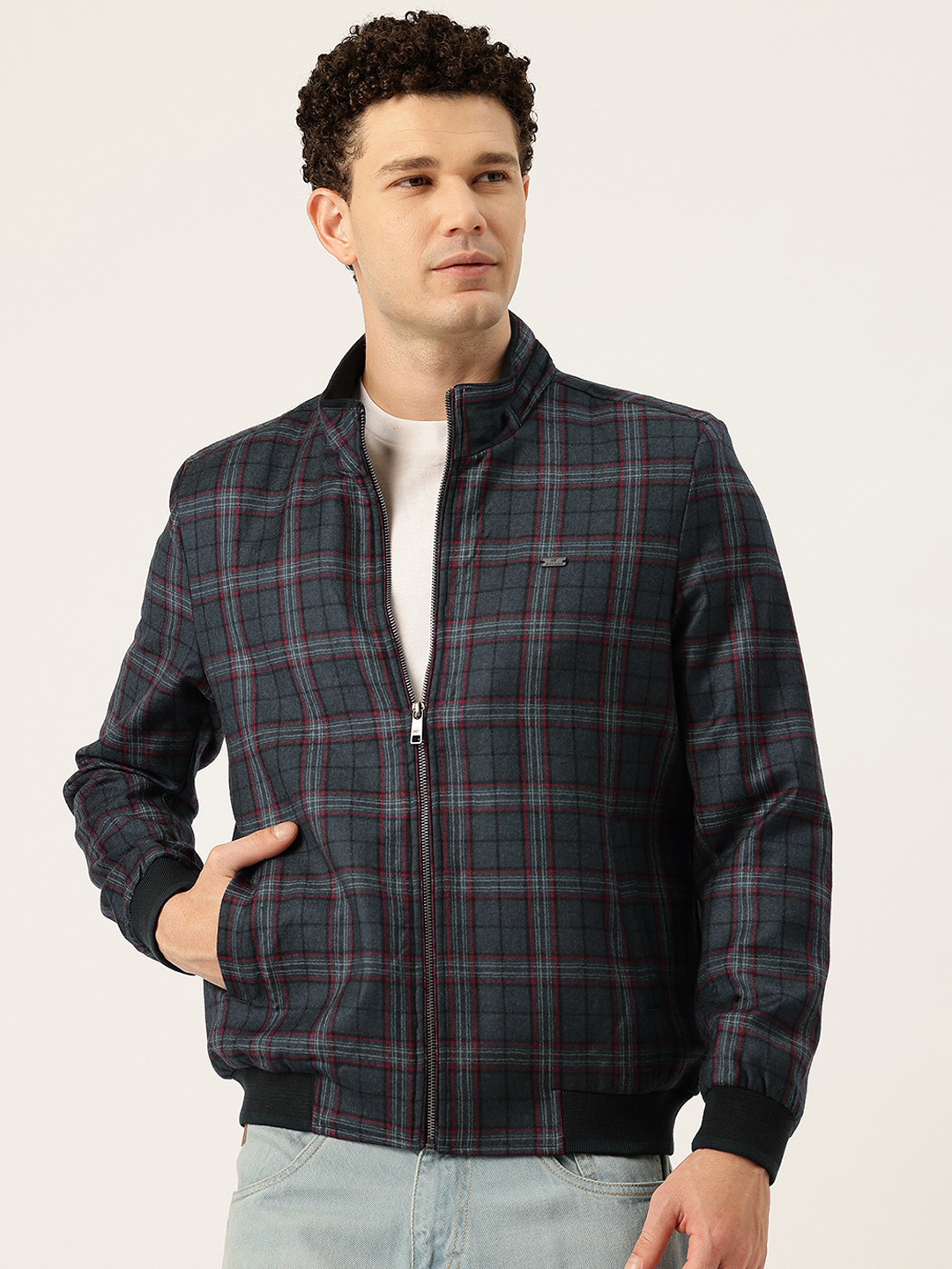 Monte Carlo Tartan Checked Twill Weave Mock Collar Pure Wool Bomber Jacket