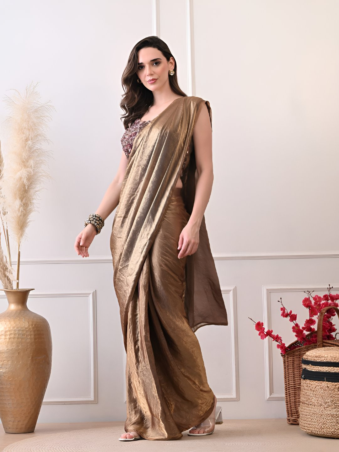 Shop Begum Pure Crepe Saree with Stitched Blouse