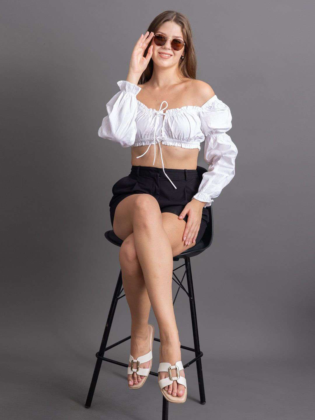 GRACIT Women Solid  Pleated Off-Shoulder Puff Sleeve Cotton Boxy Crop Top