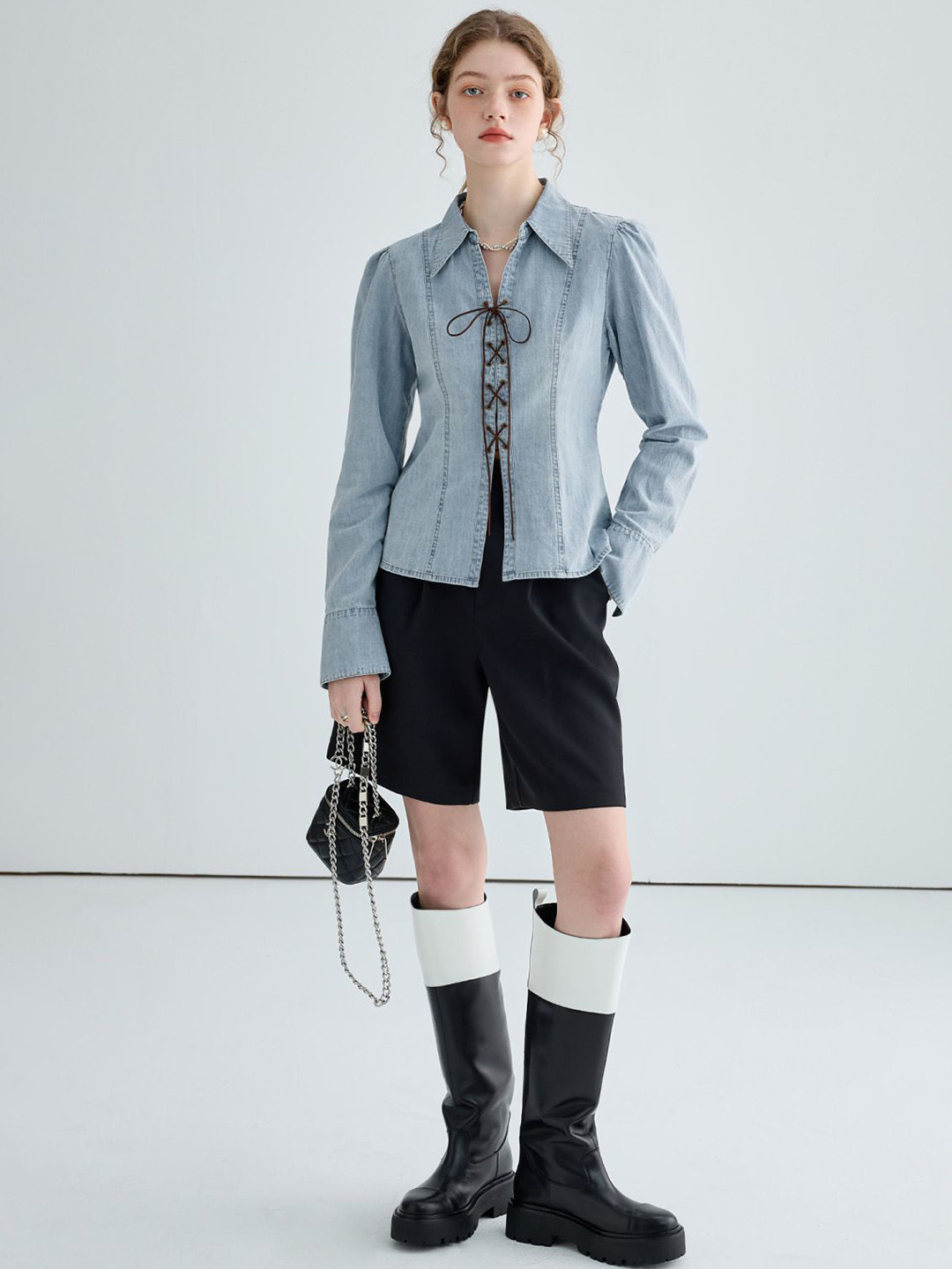 StyleCast Women Washed Spread Collar Lace-Up Denim Jacket