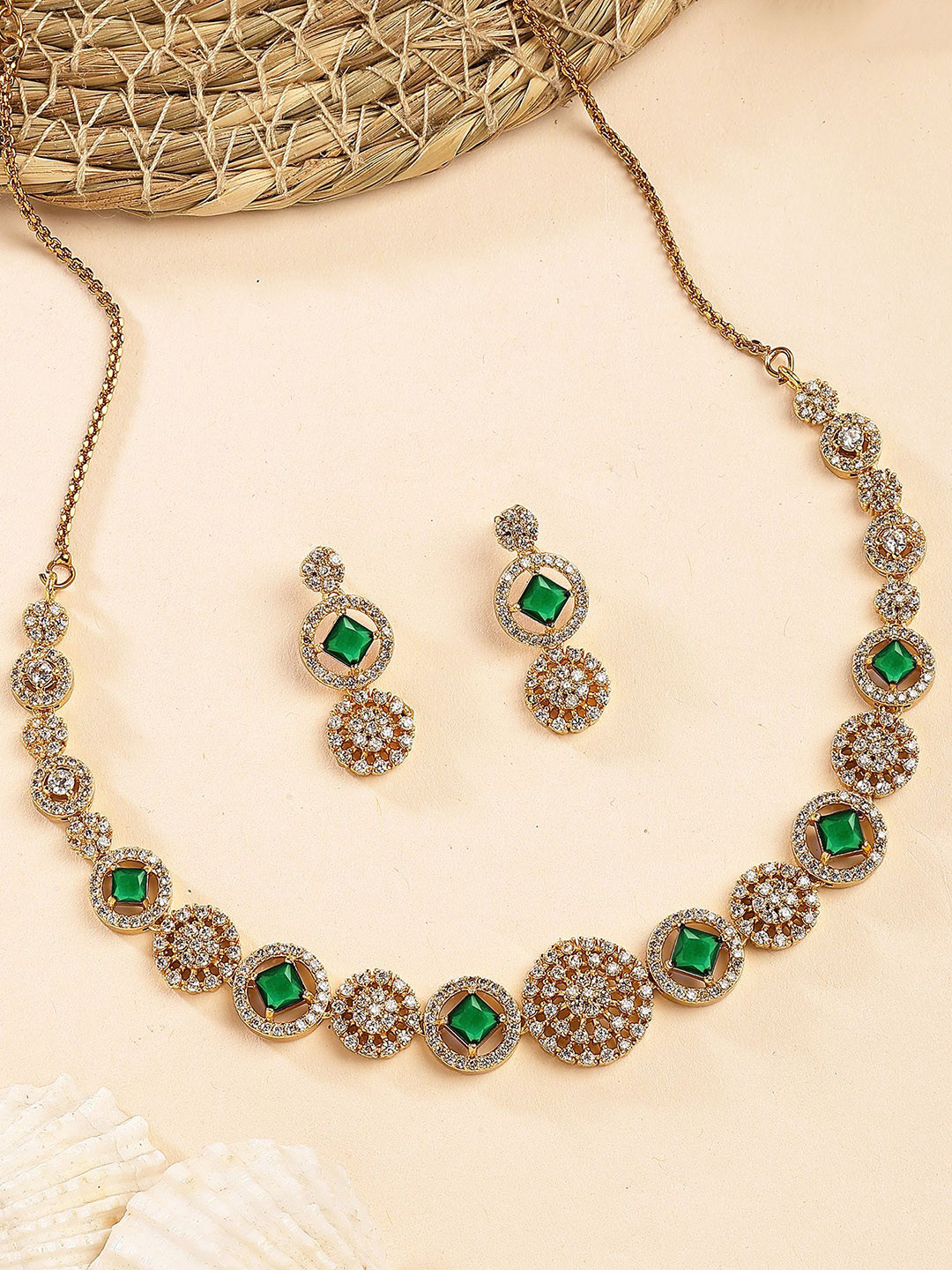 KARATCART Gold-Plated AD Stone Studded Round Chakra Temple Design Jewellery Set