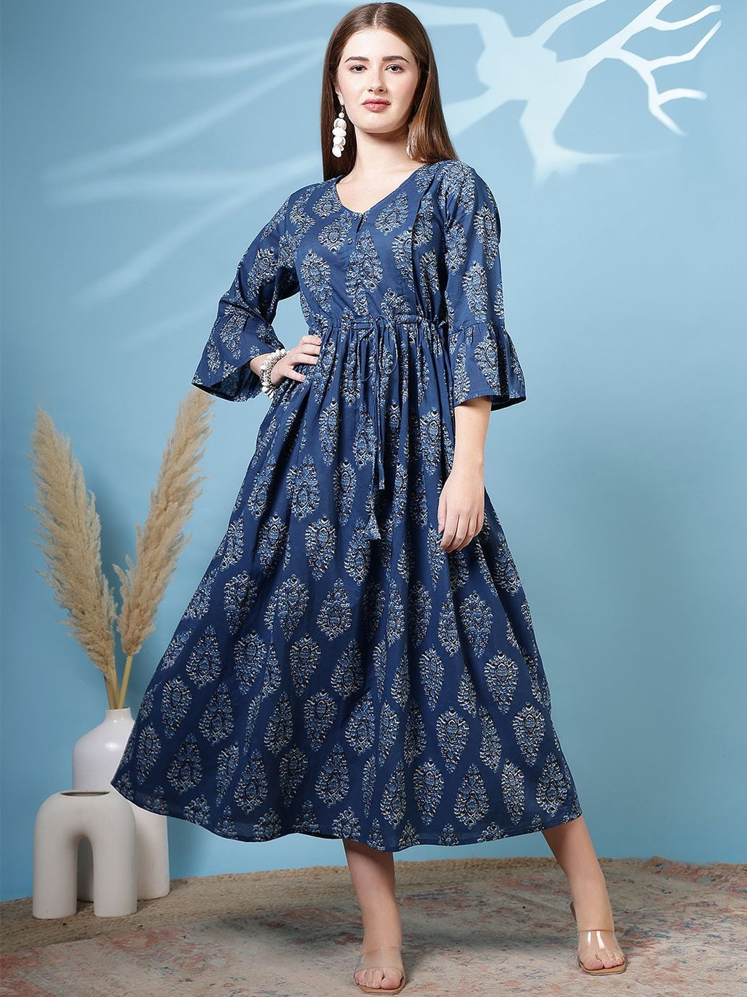 KEIYONA Print Fit & Flare Maxi Cotton Dress