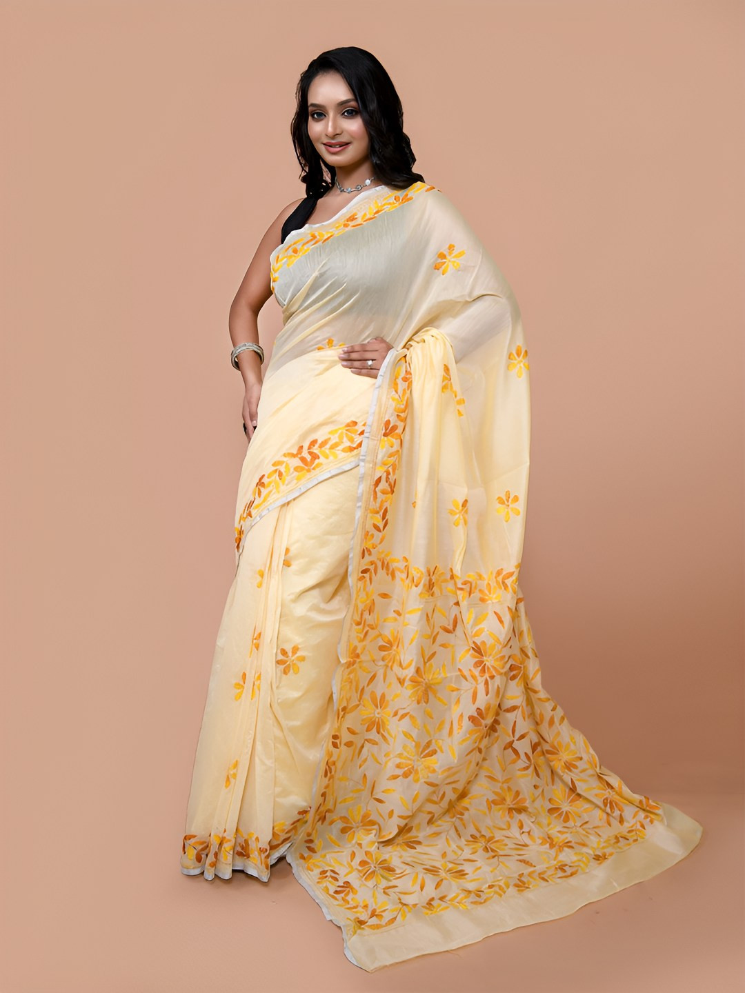 HOUSE OF ARLI Floral Embroidered  kantha Work Chanderi Saree